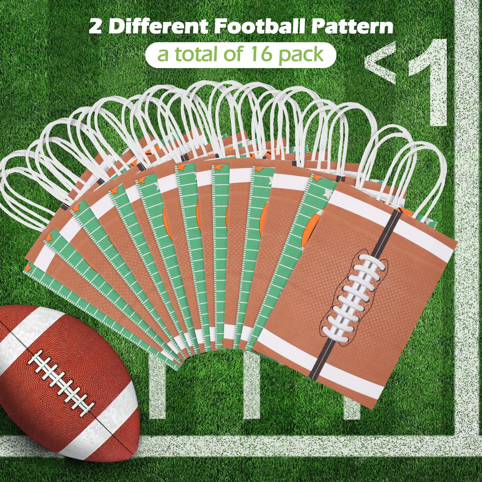 Hianjoo 16 Pcs Football Goodie Bags, Football Party Favor Bag Gift Snack Treat Bag with Handle, Football Themed Paper Candy Bags for Teen and Adult Birthday Party Decorations Supplies