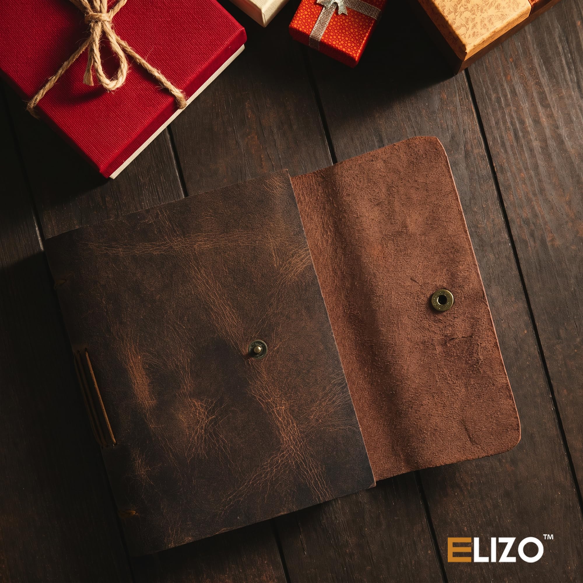 ELIZO Journal ligné relié en cuir – 200 pages, marron teck, 10,2 x 15,2 cm (A6), carnet de notes en cuir pour homme et femme, carnet de croquis, carnet de notes quotidien, journal de voyage