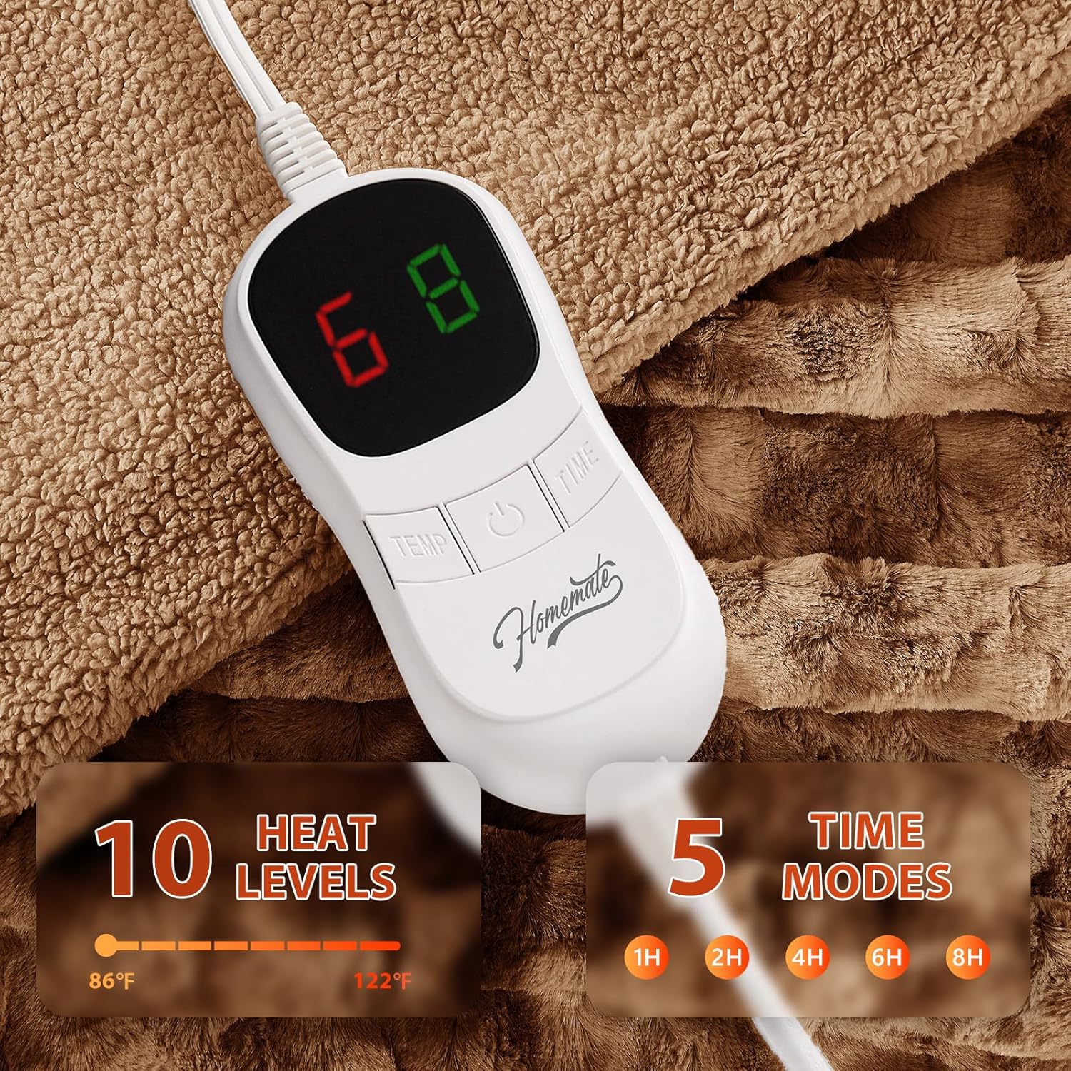 Homemate Heated Blanket Electric Throw - 50"x60" Heating Blanket Throw 1/2/4/6/8 Hours Auto-Off 10 Heat Levels Over-Heat Protection Luxury Faux Fur Sherpa ETL Certification - Image 3