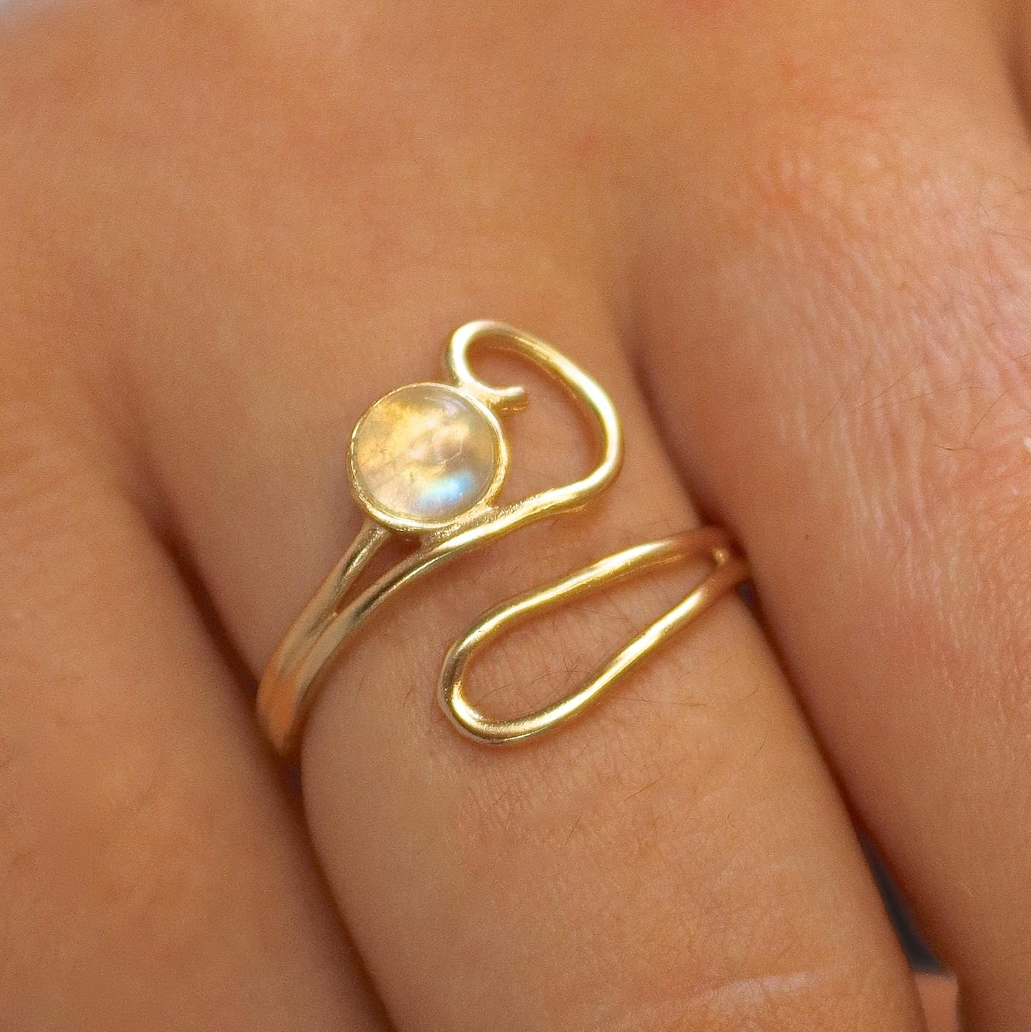 Moonstone 14k Gold plating open ring for Women, Wrap Adjustable ring size 4,5,6,7,8,9 - Image 2