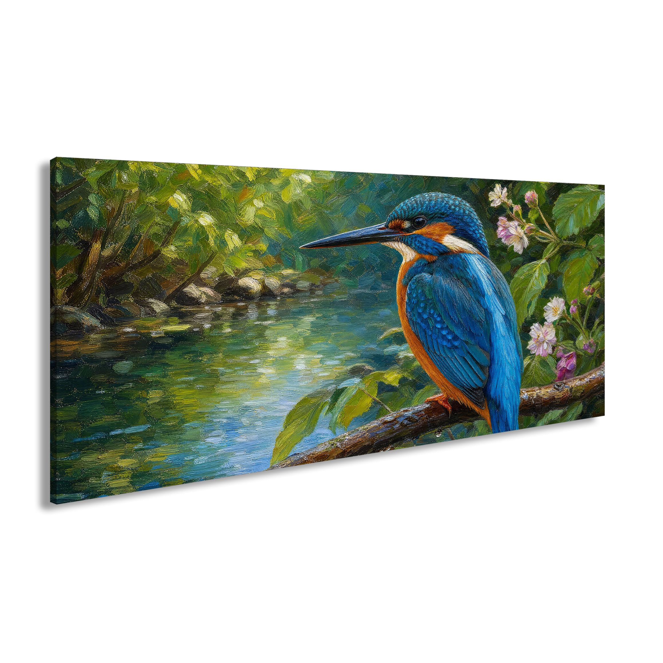 deyoli Obraz na płótnie Kolorowy zimorodek na gałęzi nad wodą 60 x 30 cm kolorowy
