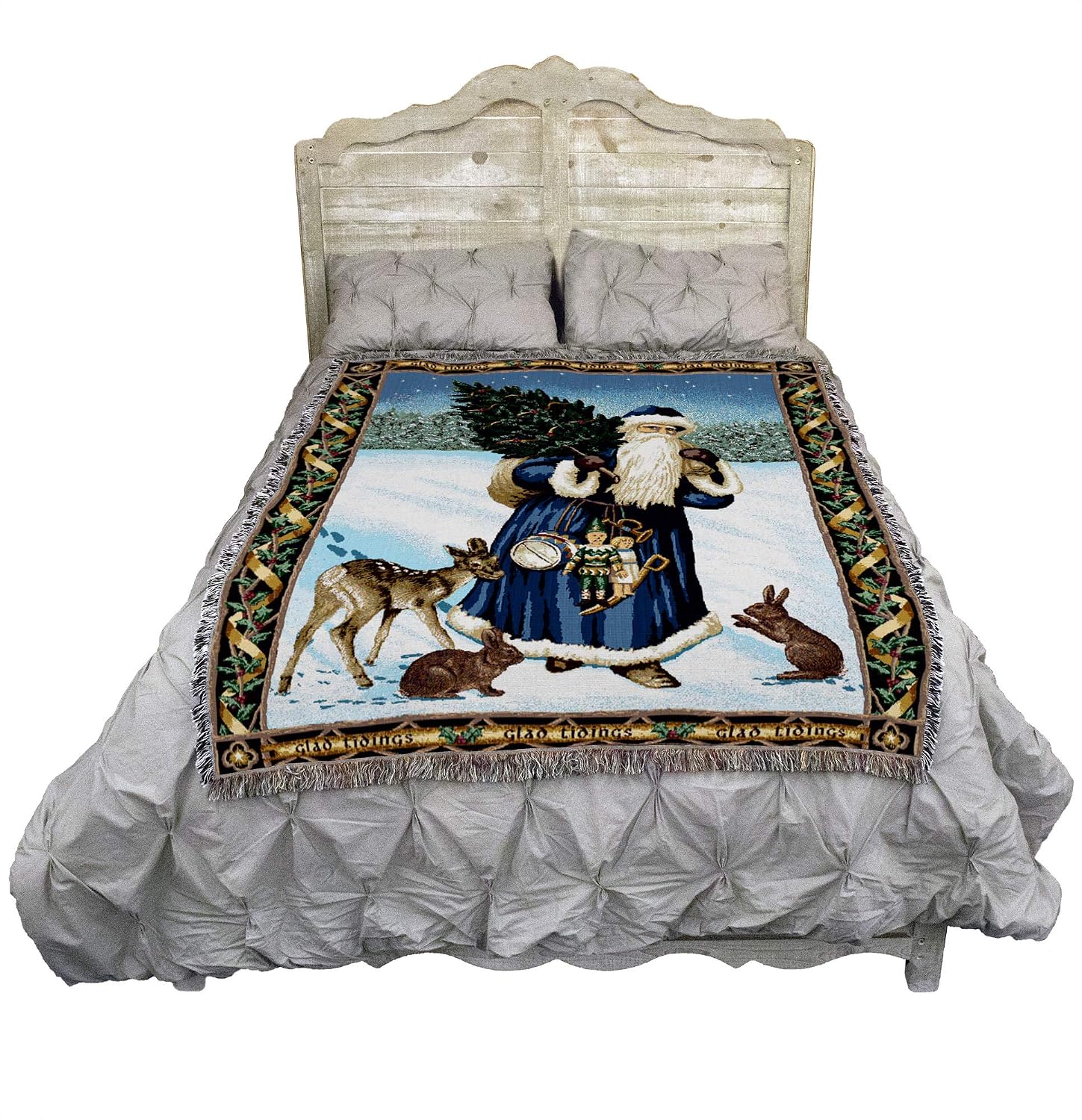 Pure Country Weavers Father Christmas Blanket Blue - Santa Claus Saint Nicholas Nick Kris Kringle Deer Rabbit - Gift Tapestry Throw Woven from Cotton - Made in The USA (72x54)