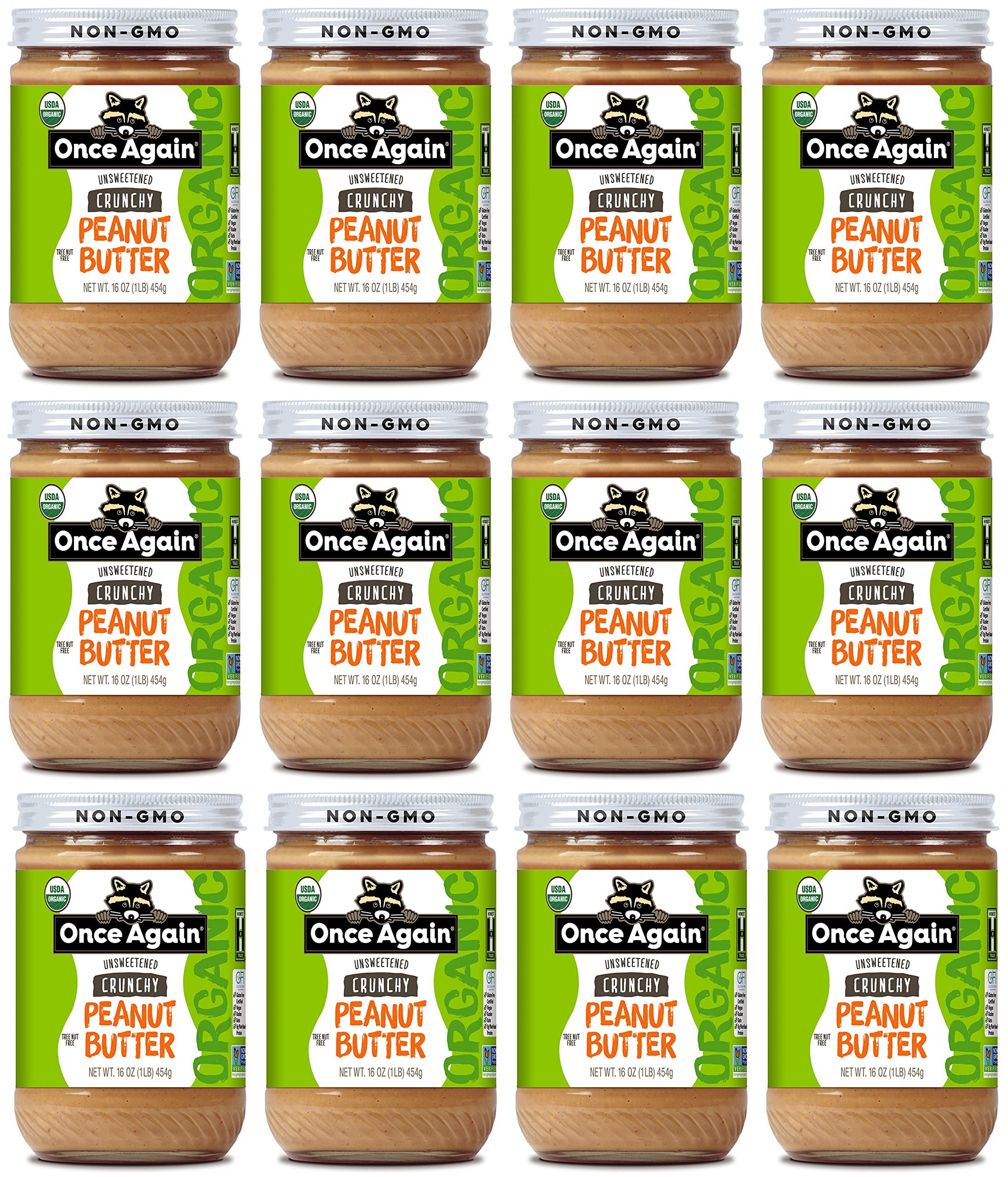 Once Again Organic Crunchy Peanut Butter, 16oz - Lightly Salted, Unsweetened - USDA Organic, Gluten Free Certified, Vegan, Kosher - Glass Jar - Case Pack of 12