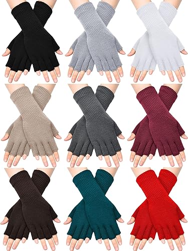 SATINIOR Guantes de invierno sin dedos para mujer, guantes de escritura de medio dedo con puño largo de muñeca, guantes de punto sin dedos para mujer