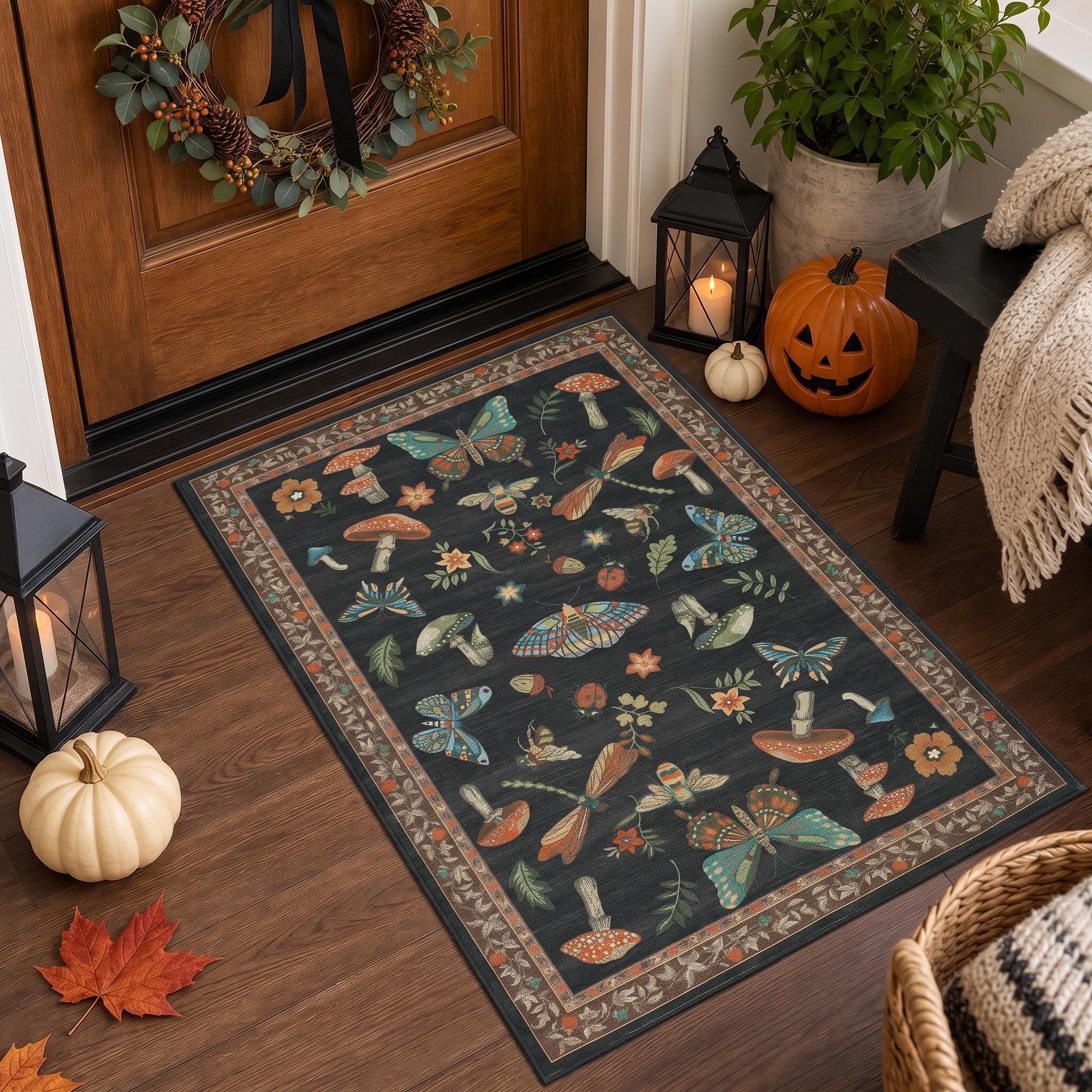 Photo 1 of ROYHOME Mushroom Insect Washable Rug, 2'x3', Black Brown