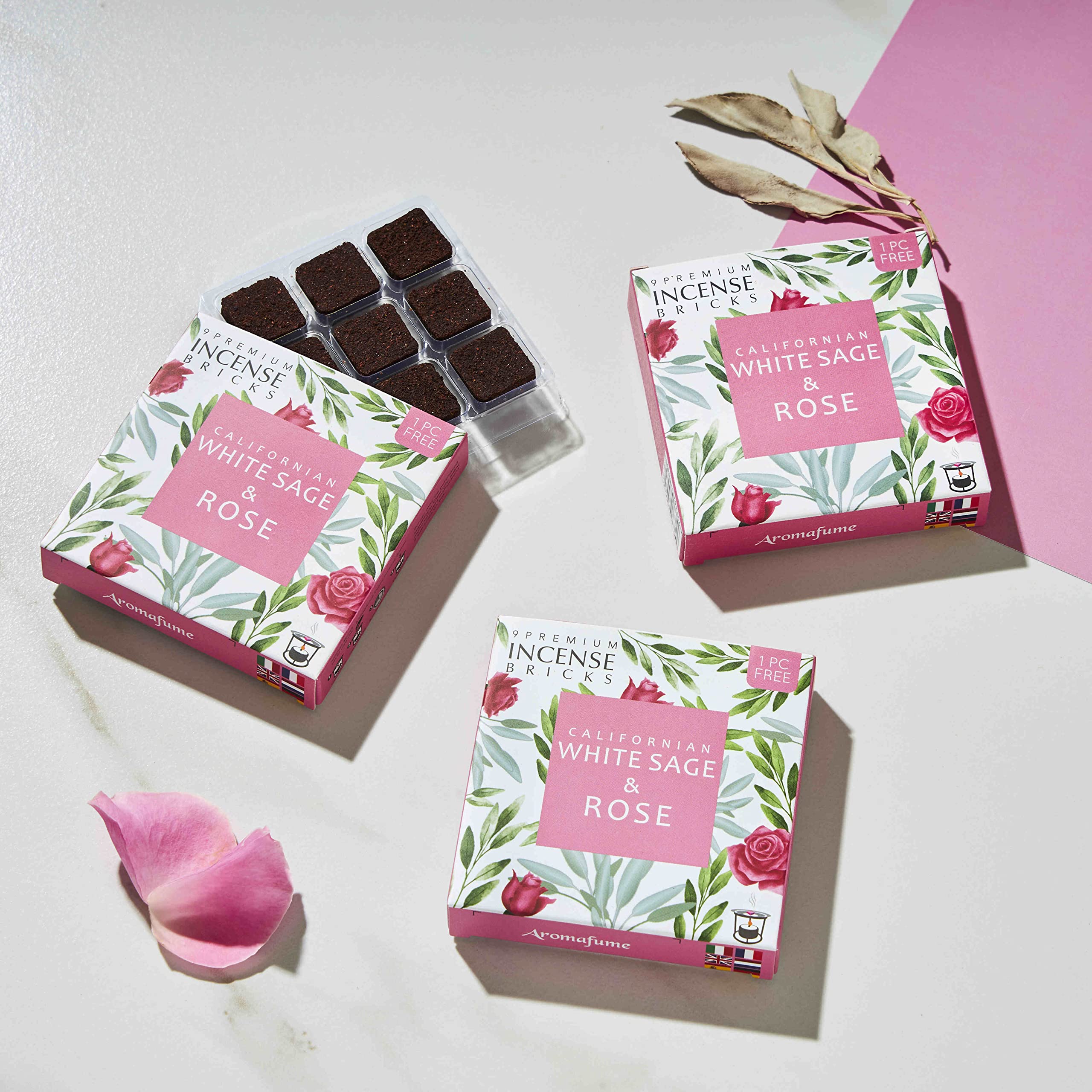 White Sage and Rose Incense Bricks by Aromafume | 3x9 Bricks | Sage Incense for Cleansing Negative Energy & Protection | Sage for Smokeless Smudging & Spiritual Cleansing | Refill Pack