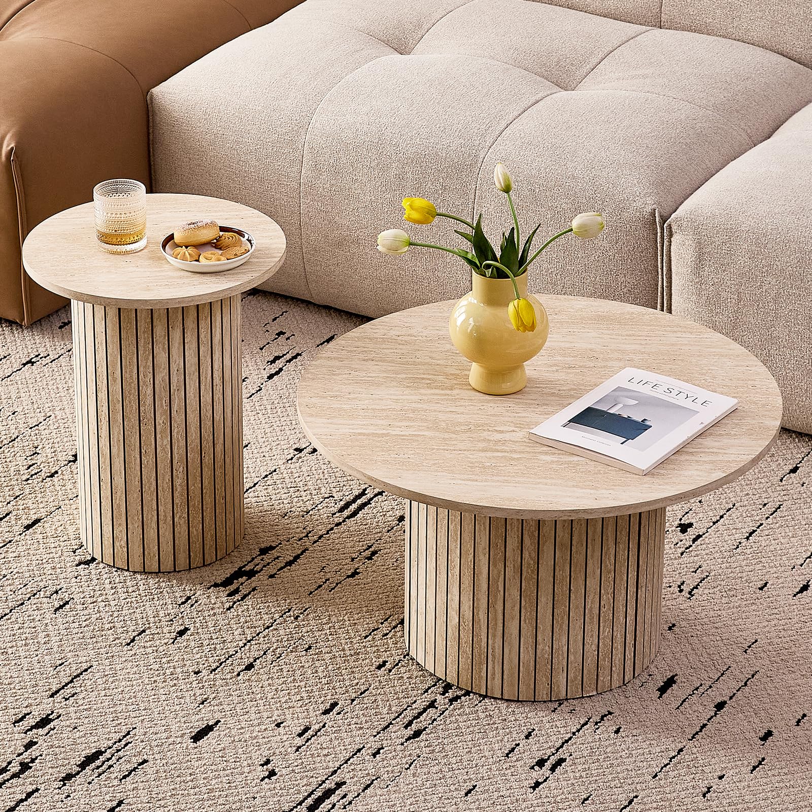 Round Nesting Coffee Tables for Living Room, Set of 2, Beige