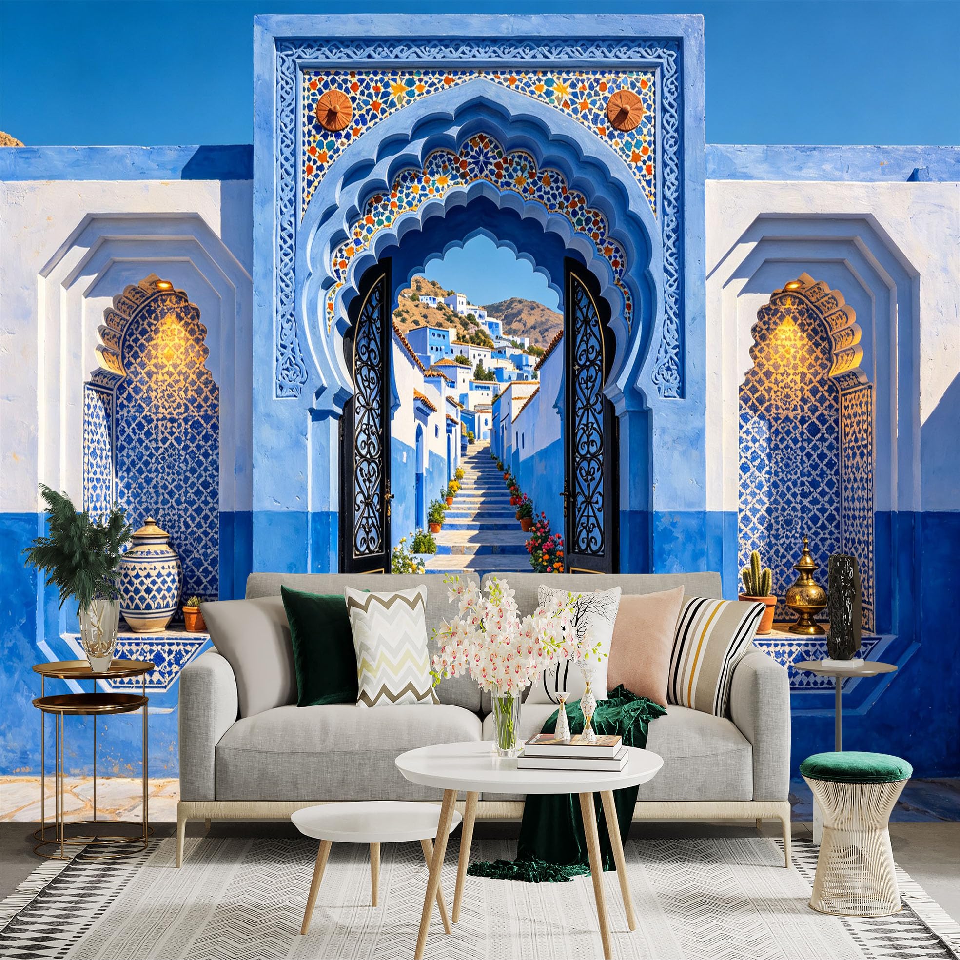 Custom Size Wall Sticker Mural， Blue Moroccan Archway， Mosaic Street， Desert Village Scenery， for wall Decoration， peelandstick wall Decals.