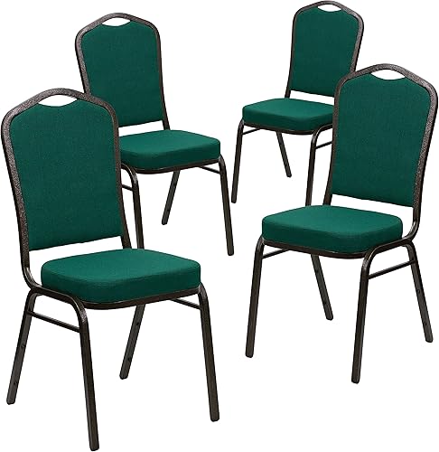 Flash Furniture HERCULES Series - Juego de 4 sillas apilables para banquetes con respaldo de corona en tela verde, marco de vena dorada