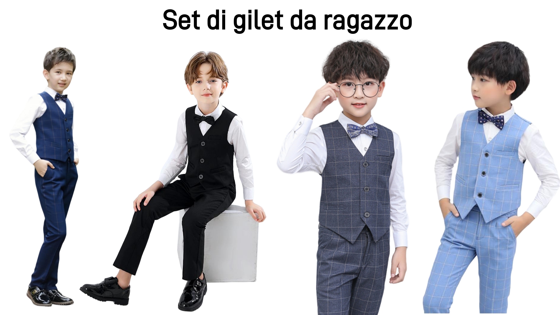Completo Elegante Ragazzi Con Camicia, Pantaloni, Gilet E Papillon - 5 Set Vita Regolabile - Foto 4
