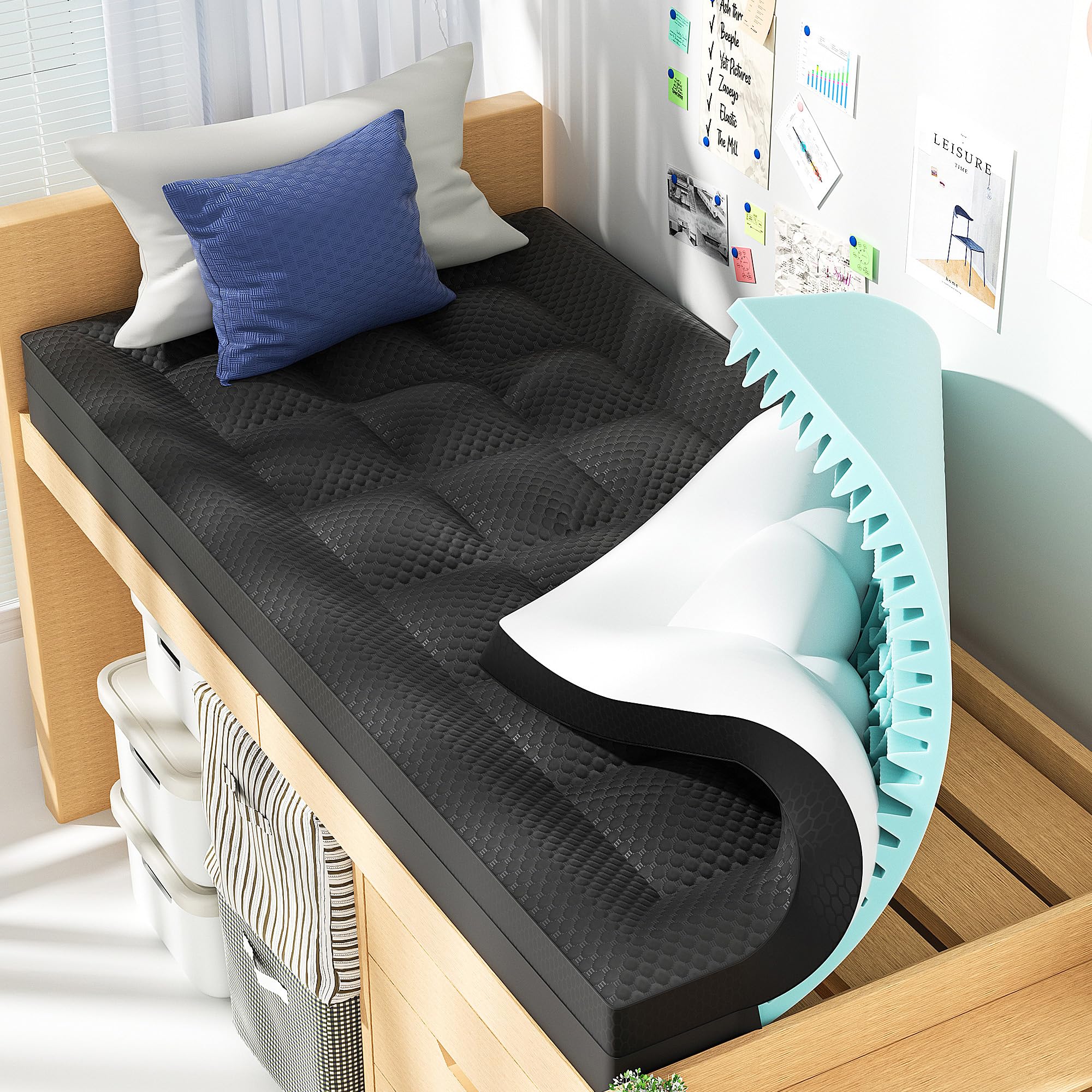 Photo 1 of BEDELITE Dorm Room Essentials, Dual Layer 4 Inch Twin XL Memory Foam Mattress Topper for College Students Back to School, 2 Inch Pillow Top Mattress Pad and 2 Inch Cooling Gel Foam (Black)