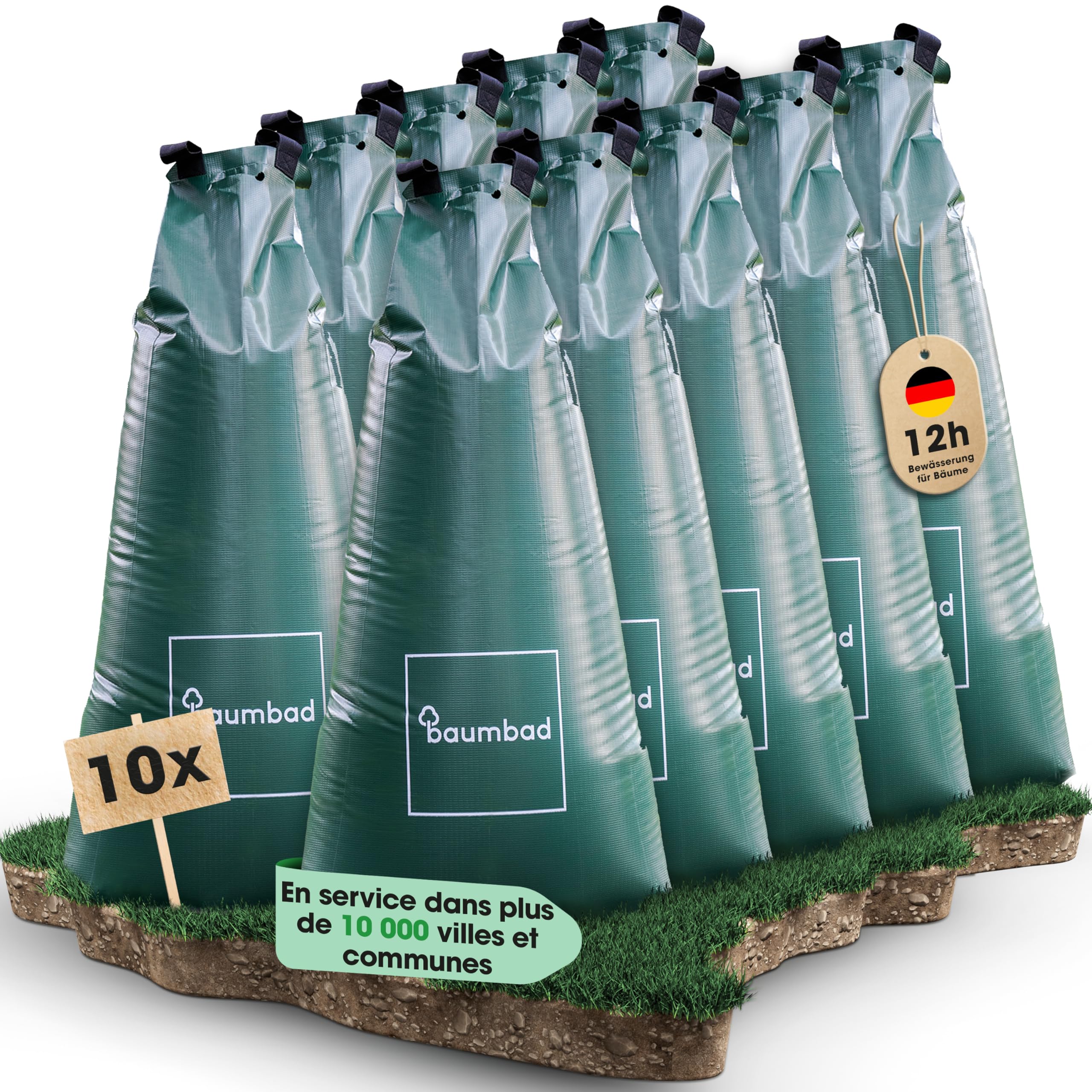 baumbad Lot de 10 Sacs d'arrosage de qualité supérieure - 100 l - en PVC résistant aux UV - Vert