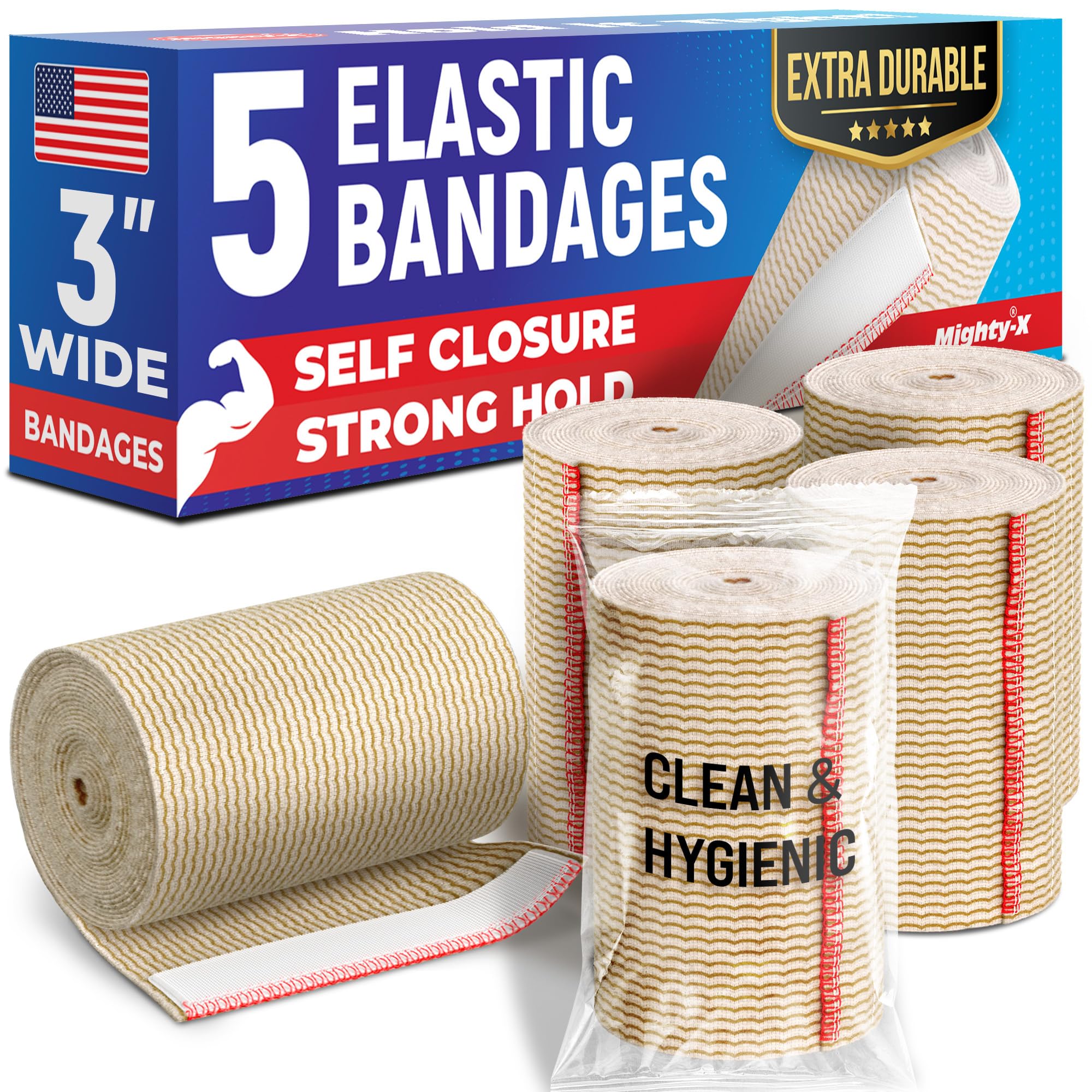 Premium Elastic Bandage Wrap - 3” (5pk) - Strong Compression - Self-Closing Reusable Bandages for Legs and Arms - Wrist, Elbow, Foot, Knee Wrap