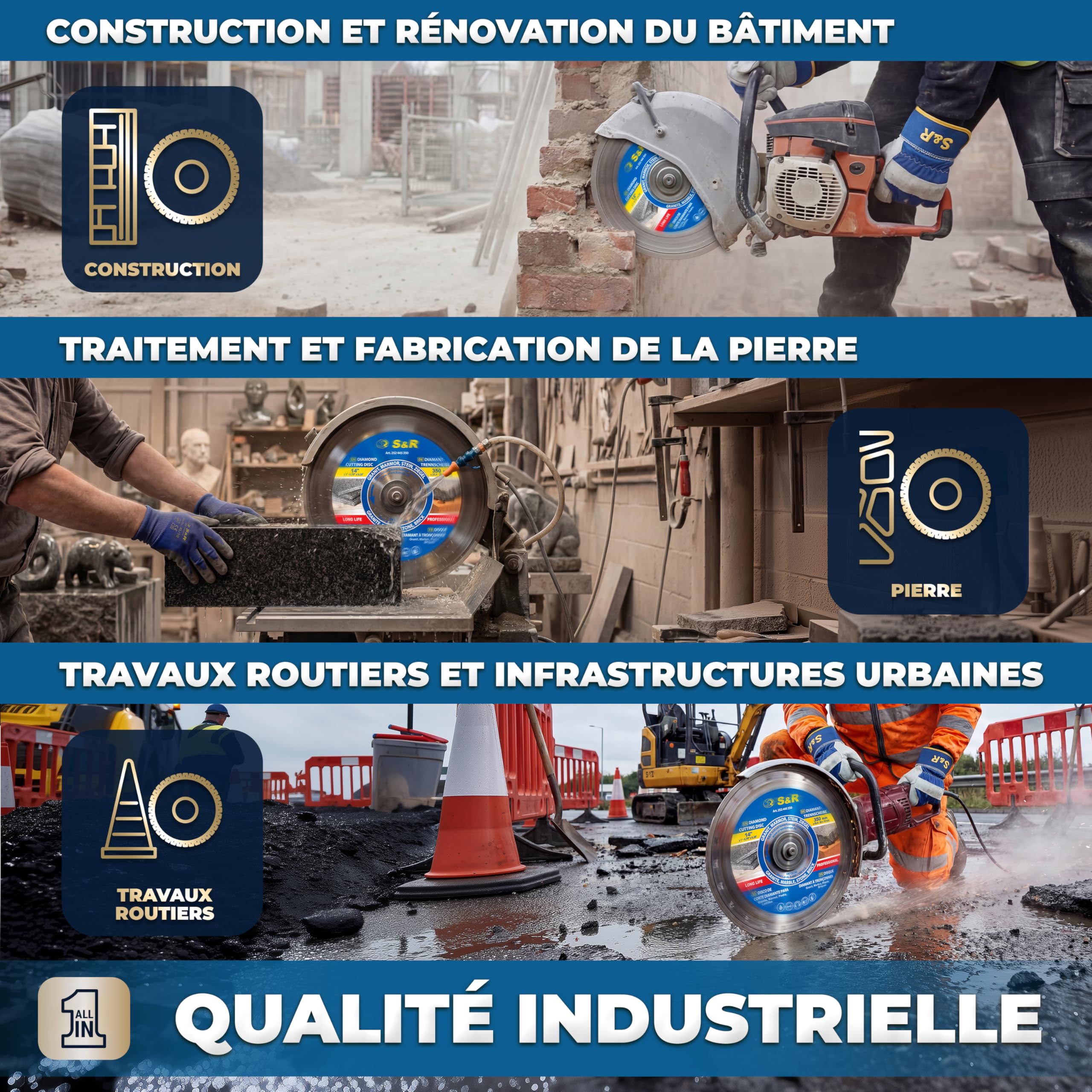 S&R Disque Diamant 350 à Tronçonner Granit, Béton, Marbre, Maçonnerie, Briques. Lame de coupe à segments professionnelle pour meuleuse et scie de table