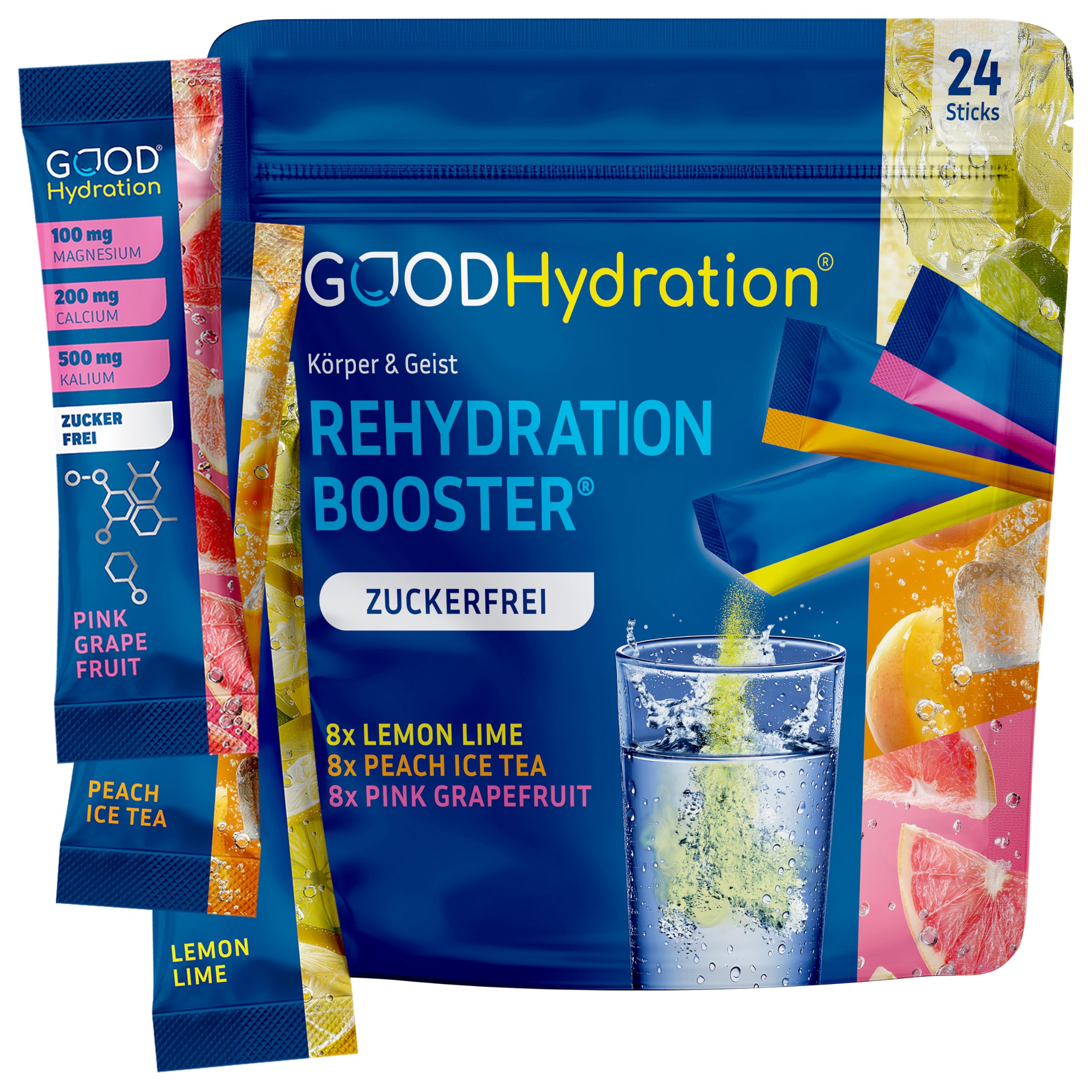 GOOD Hydration® Rehydration Booster VARIETY PACK - 1.450mg Elektrolyte OHNE ZUCKER plus BCAA, Biotin und 6 Vitamine - Elektrolyt Pulver für Sport, Arbeit & Party - Probierpack mit 3 Sorten - 24 Sticks
