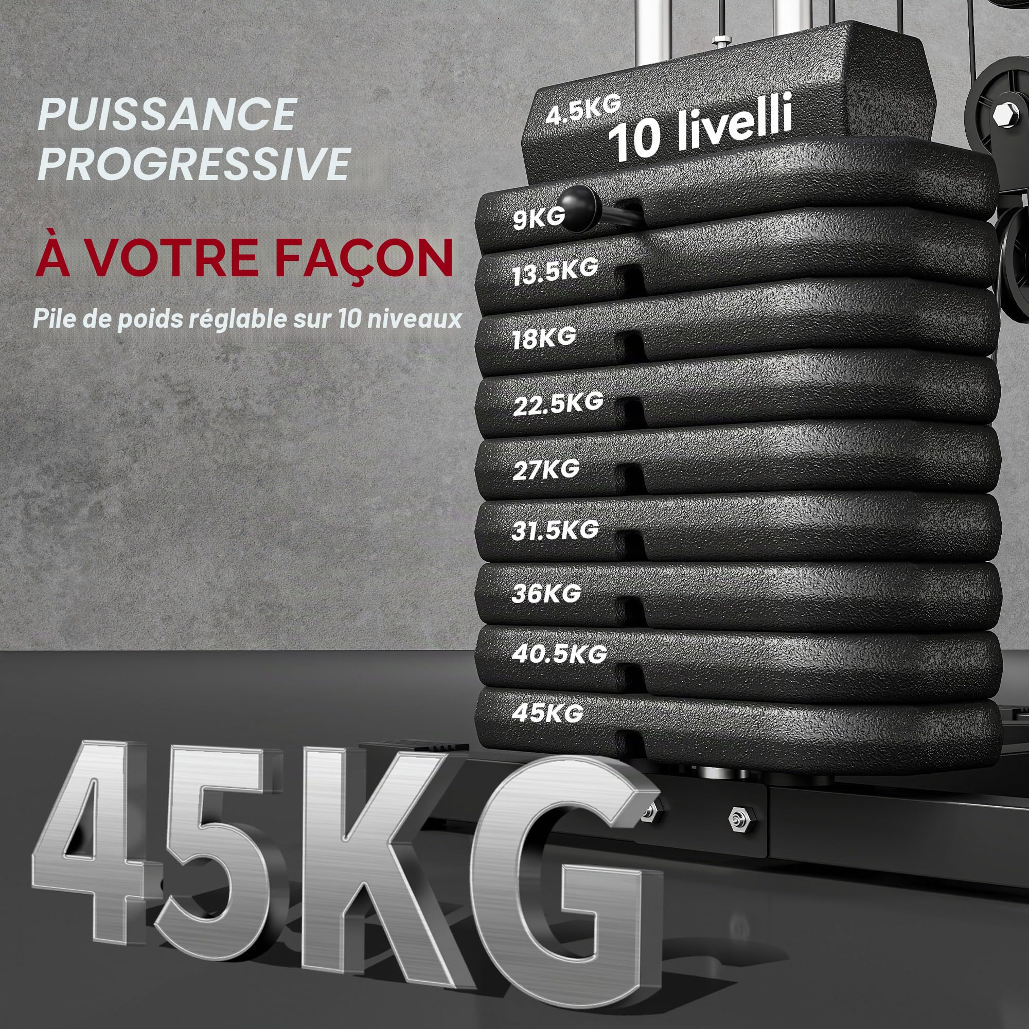 HOMCOM Station de Fitness multifonctionnelle Power Tower avec poids jusqu'à 45kg et banc rembourré pour la maison et l'entraînement professionnel, 135x103x210cm