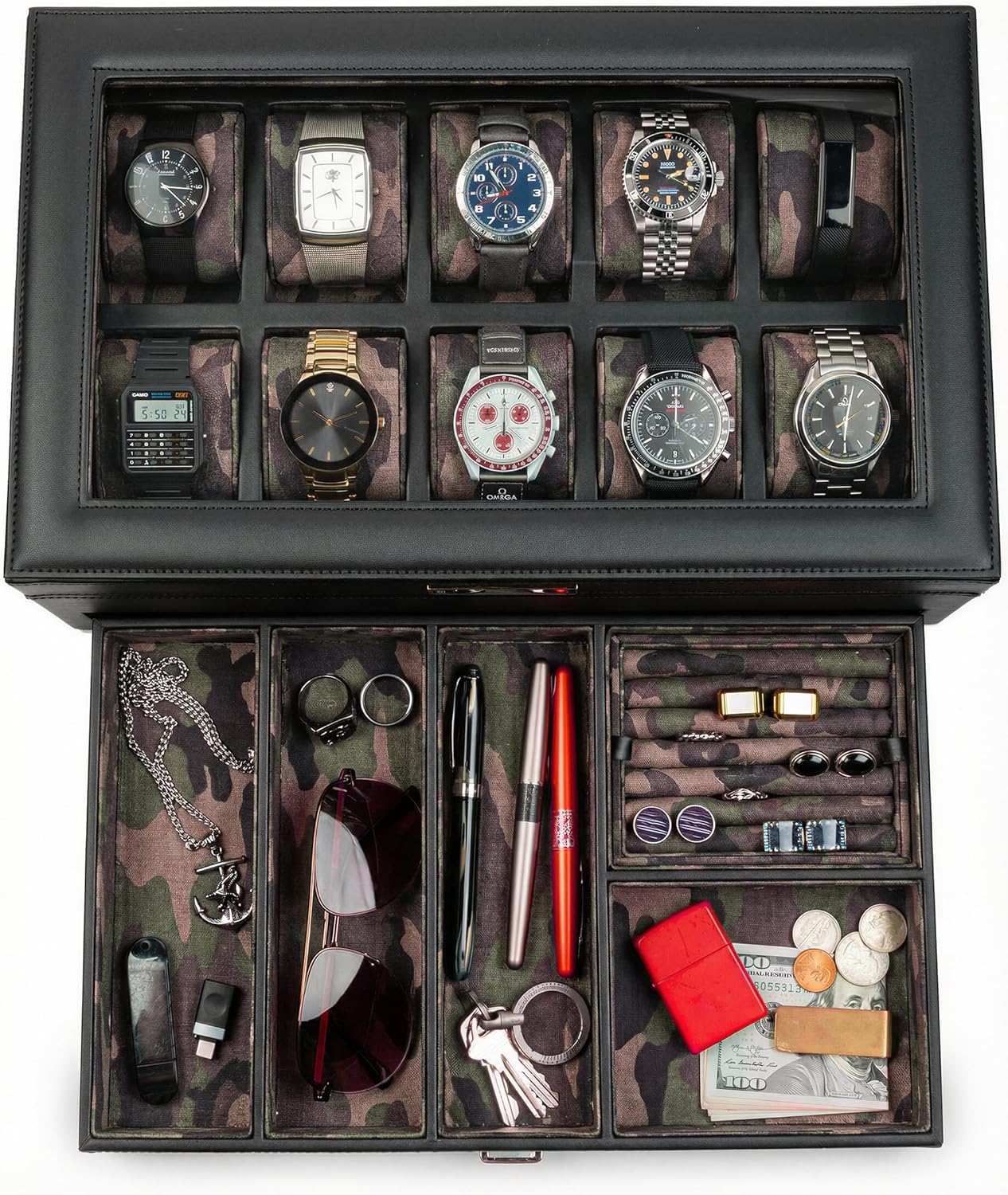 HOUNDSBAY Mariner Mens Watch Box Storage Case for Large Watches, PU Leather Organizer, Wrist Display Holder