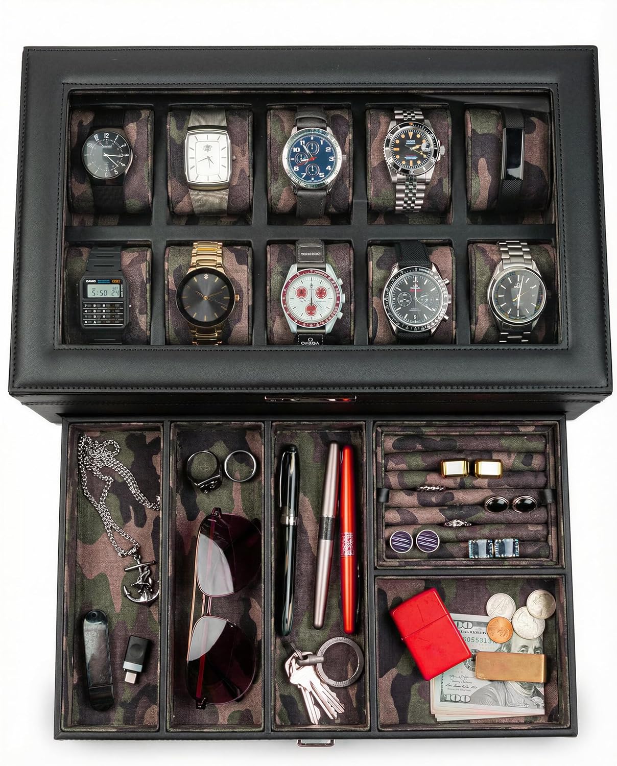 HOUNDSBAY Yachtsman Large Watch Box Jewelry Organizer for Men Camo Gifts for Men Jewelry Box Organizer Watch Display