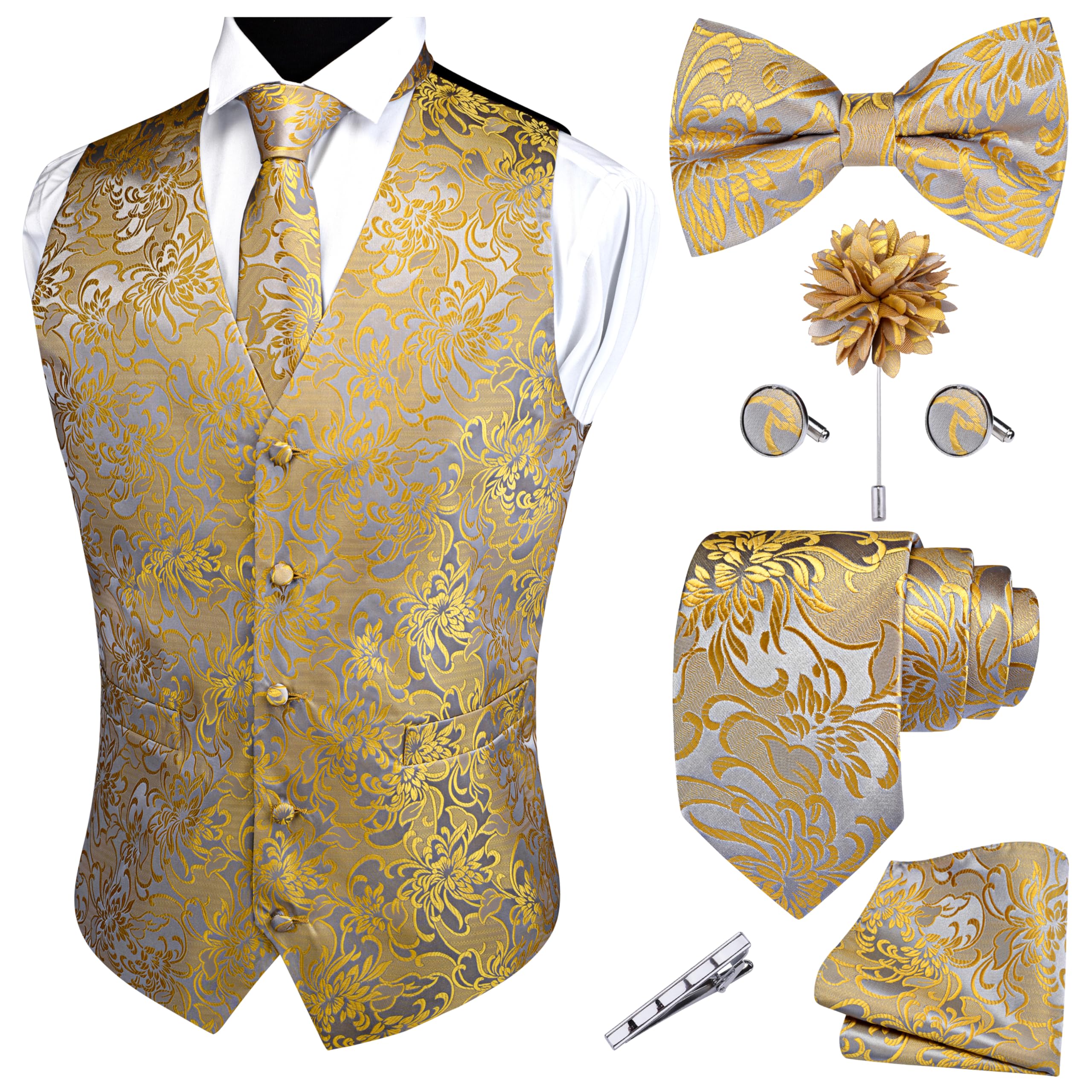 GUSLESON Formal Men Vest Paisley Floral Jacquard Tie Waistcoat Bow tie Hanky Lapel Pin Cufflinks Set Wedding 7PCS
