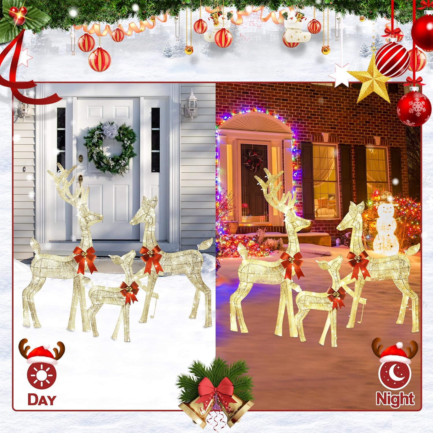 3-Piece Outdoor Lighted Christmas Reindeer Family Set, 3D Plug in 320 Count Warm Lighted Deer Christmas Decoration, Holiday Decor for Yard Patio Lawn Garden Party