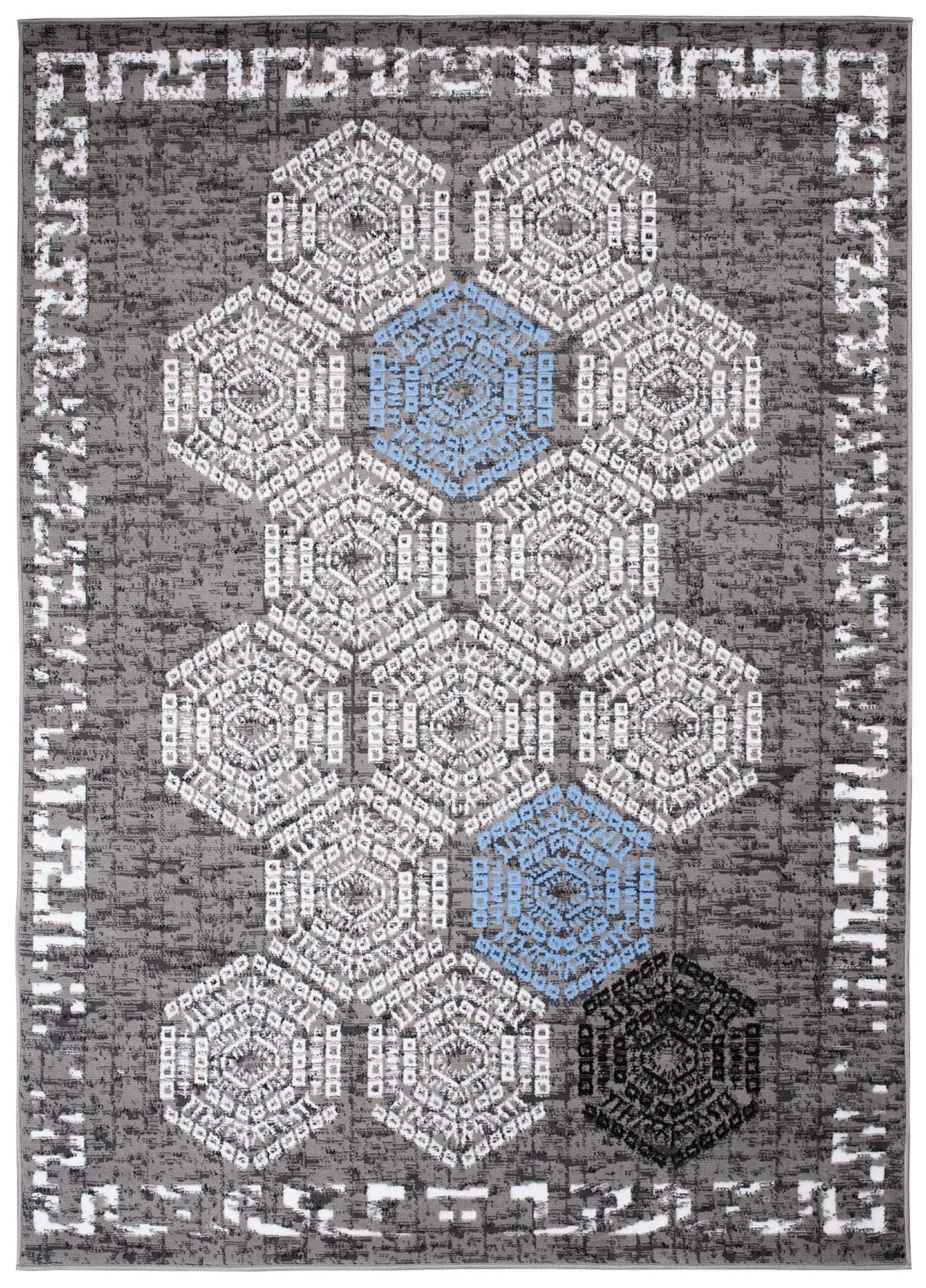 TAPISO Atena Tapis de Salon Chambre Ado Design Moderne Gris Bleu Blanc Noir Motif Grec Bordé Fin Poil Court 140 x 200 cm