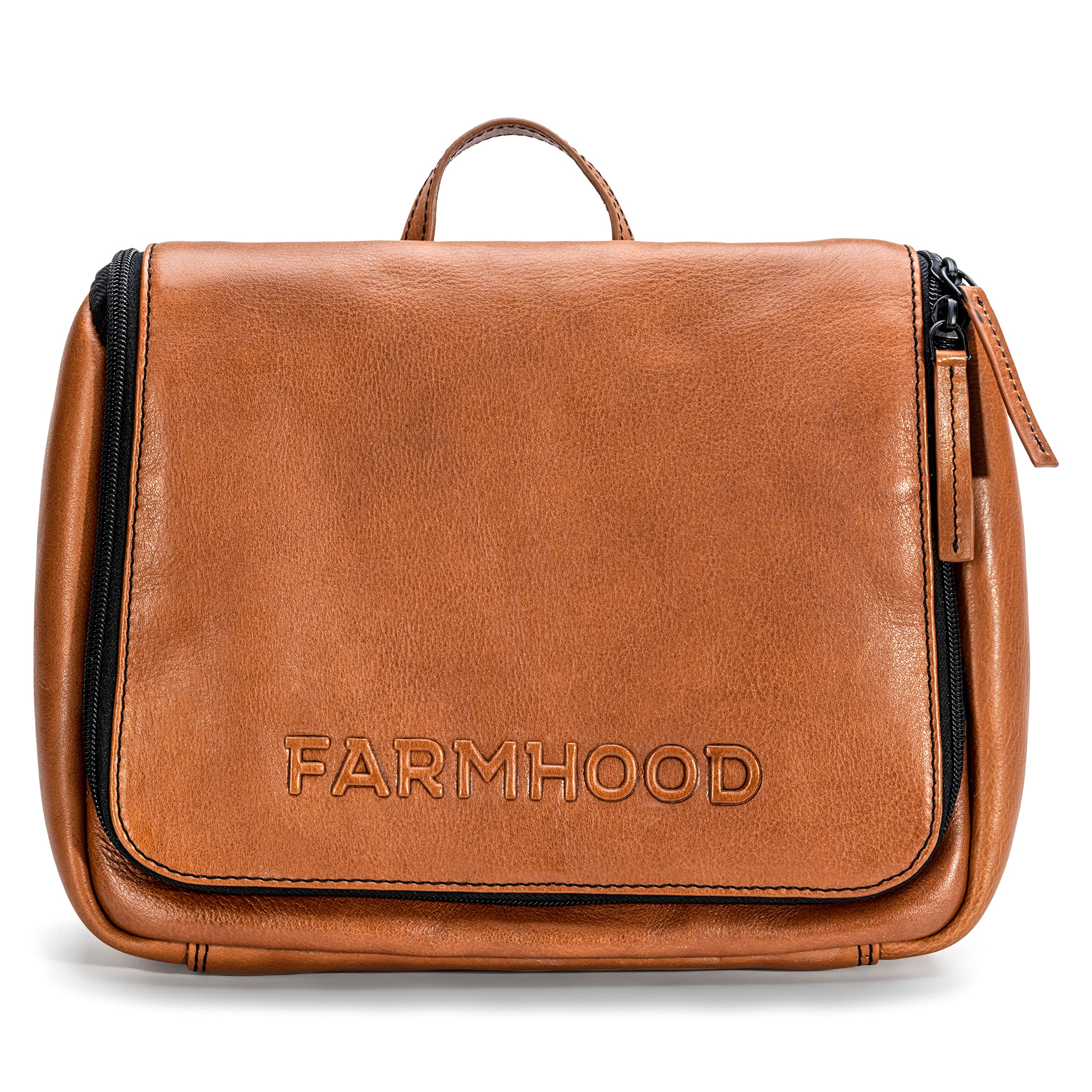 Memphis Damen/Herren Leder Kulturbeutel | große Kosmetiktasche mit Haken zum Aufhängen | viele Fächer mit Reißverschluss | Beauty-Case 27 cm mit Reißverschluss auf der Rückseite