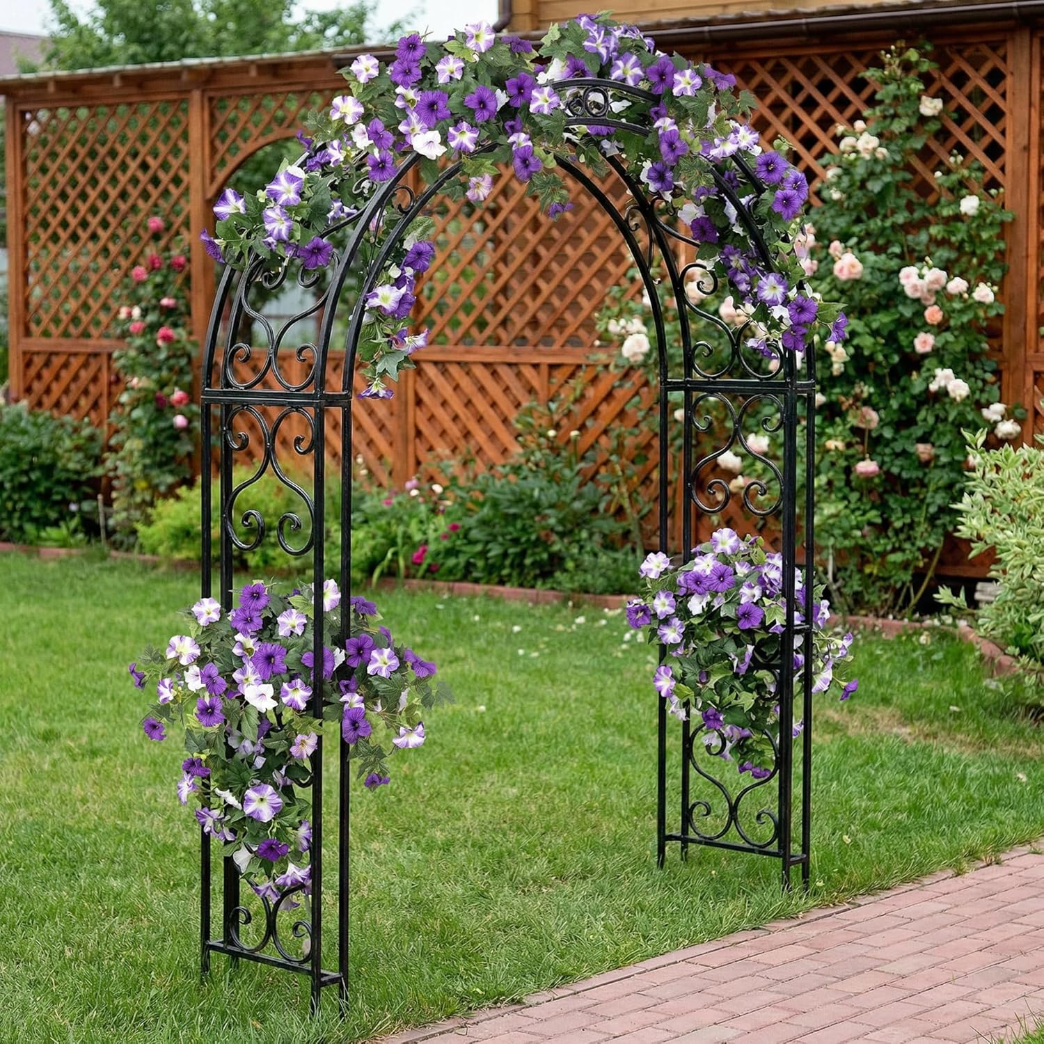 Artificial Flowers Plants for Outdoors, 2PCS Faux Petunias Silk Fake Flower UV Resistant No Fade for Home Outside Garden Balcony Yard Porch Realistic Indoor Decor (Purple White)