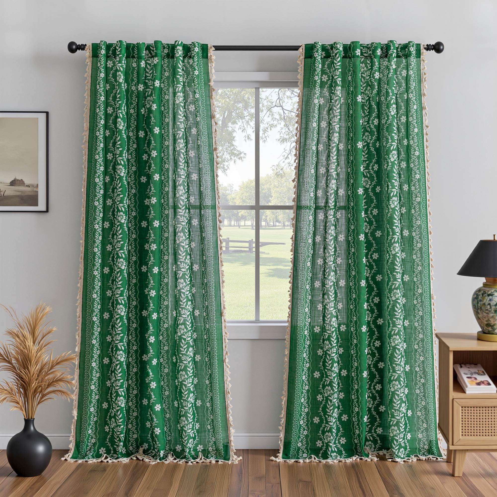 MYSKY HOME Green Boho Linen Blend Curtains 84 inch Length 2 Panels Set for Living Room Dining Room Farmhouse Semi Sheer Floral Printed Vintage Bohemian Drapes with White Tassel Back Tab, 50" Wide