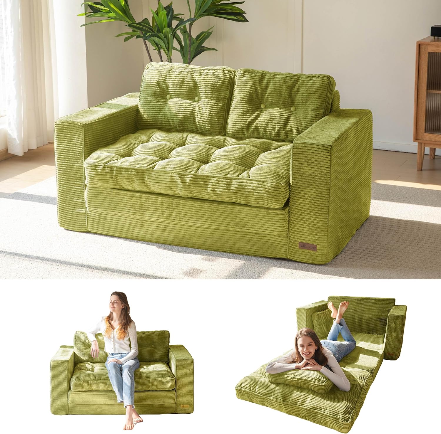 MAXYOYO Convertible Sofa Bed, Pull Out Loveseat Sleeper Sofa, 2 in 1 Folding Couch Bed, Fold Out Floor Couch with Pillows for Living Room Bedroom Lounge, Green Large Green