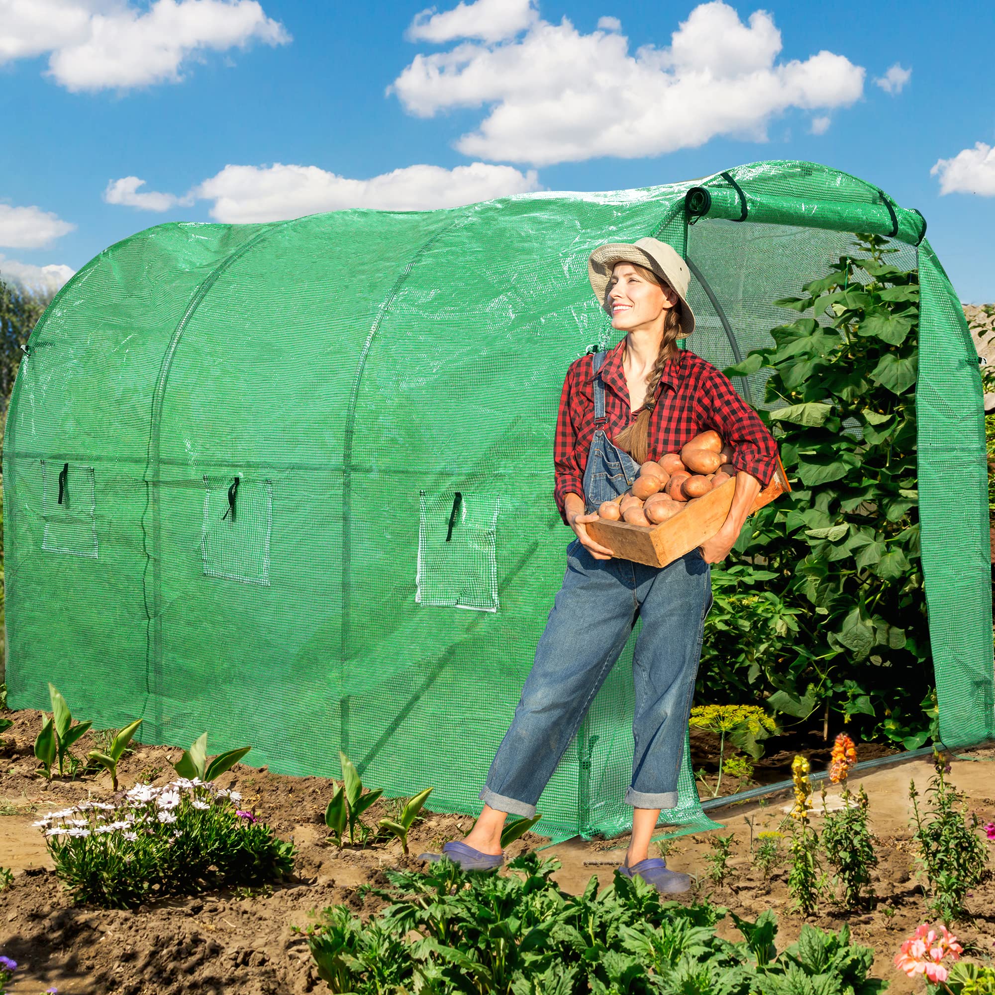 YITAHOME Heavy Duty 10'x7'x7' Greenhouses Large Walk-in Green House Tunnel Green Houses Outdoor Portable Plant Gardening Upgraded Galvanized Steel Frame Zipper Doors 5 Crossbars Garden