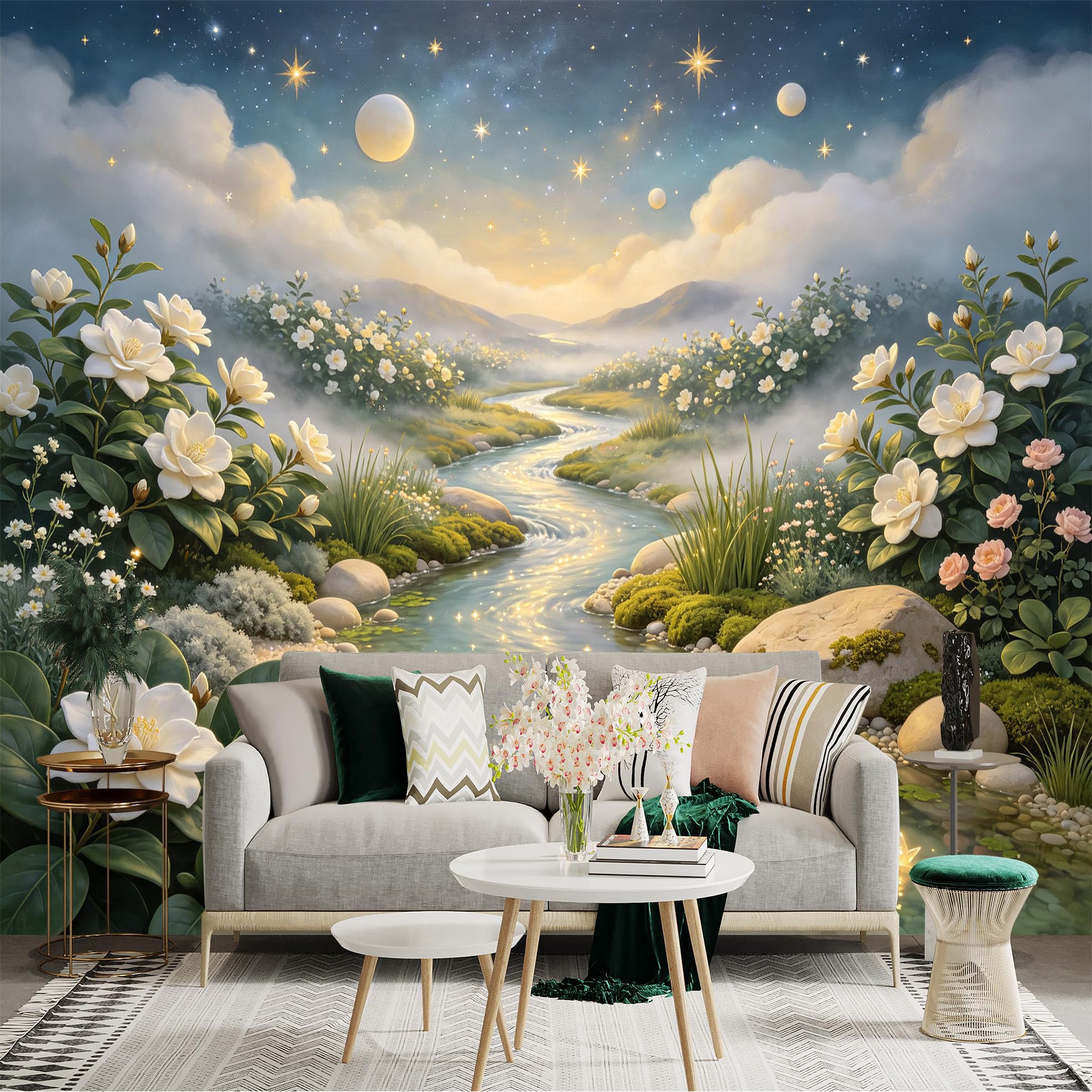 Lnzczhyre Bh260719420 Custom Size Wall Sticker Mural， Dreamy River Landscape， White Flowers And Glowing Stars， Serene Moonlight Scenery， For Wall Decoration， Peelandstick Wall Decals.