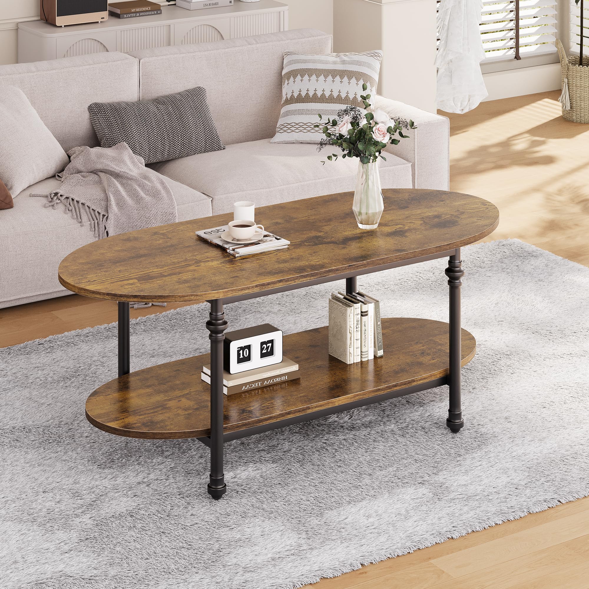 Mesa de centro ovalada de madera de 2 niveles – Patas metálicas estilo columna romana – Estante abierto – Diseño industrial rústico para salón, dormitorio u oficina – Mesa auxiliar vintage – vintage