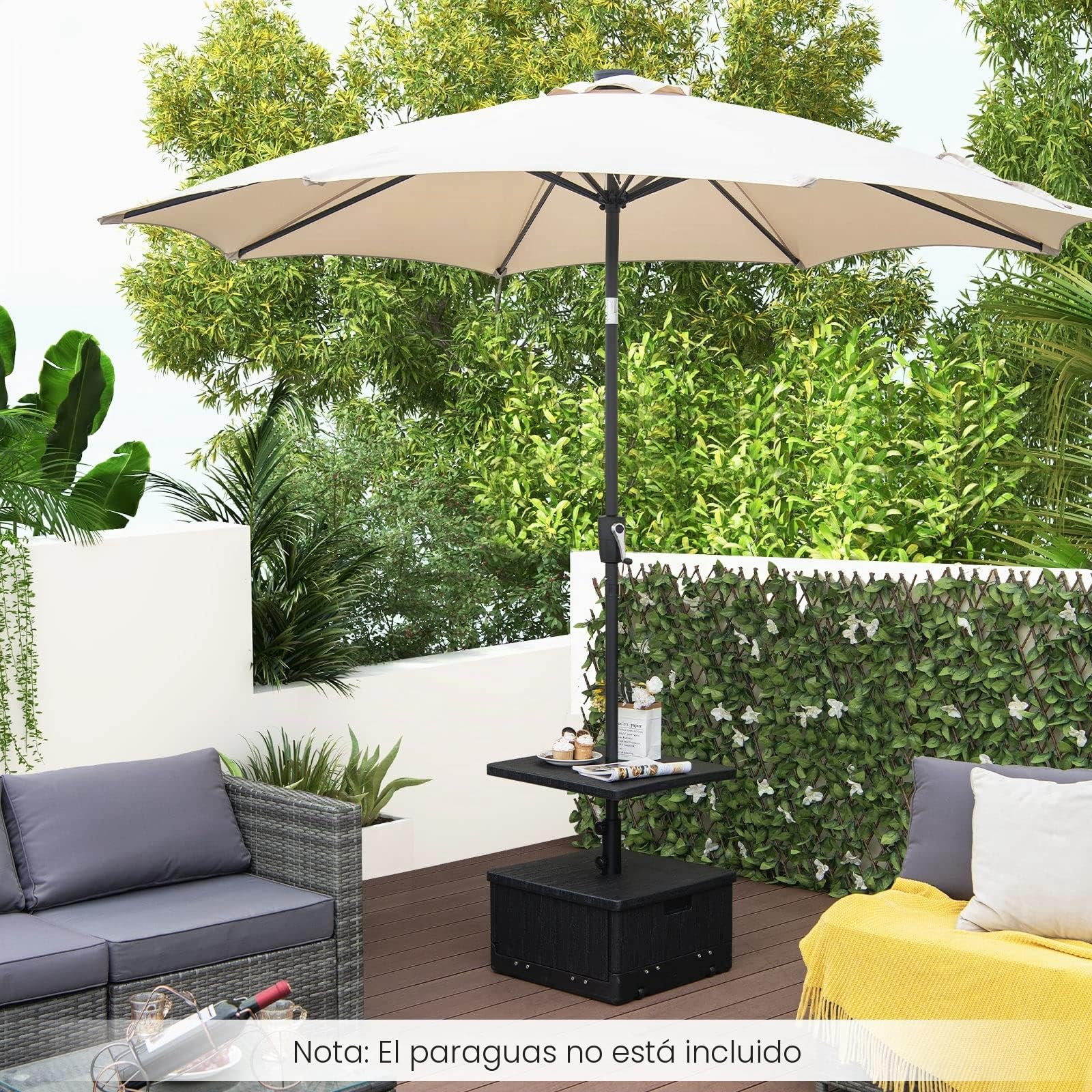 COSTWAY Base Sombrilla con Ruedas, Bandeja De Mesa, Soporte Sombrilla Terraza Exterior Apto para Postes de 38mm 48 mm, 3 en 1 Pie Sombrilla Rellenable de Agua 45L, Arena 67kg, Jardin Patio (Negro)