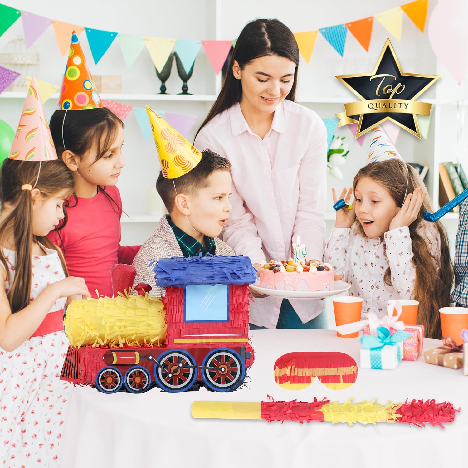 3D Train Pinata Bundle with a Blindfold and Bat (16x10.6x6.7 Inches), Train Pinata for Boys Birthday Party Supplies, Perfect for Birthday Party, Train Theme Party, Decoration