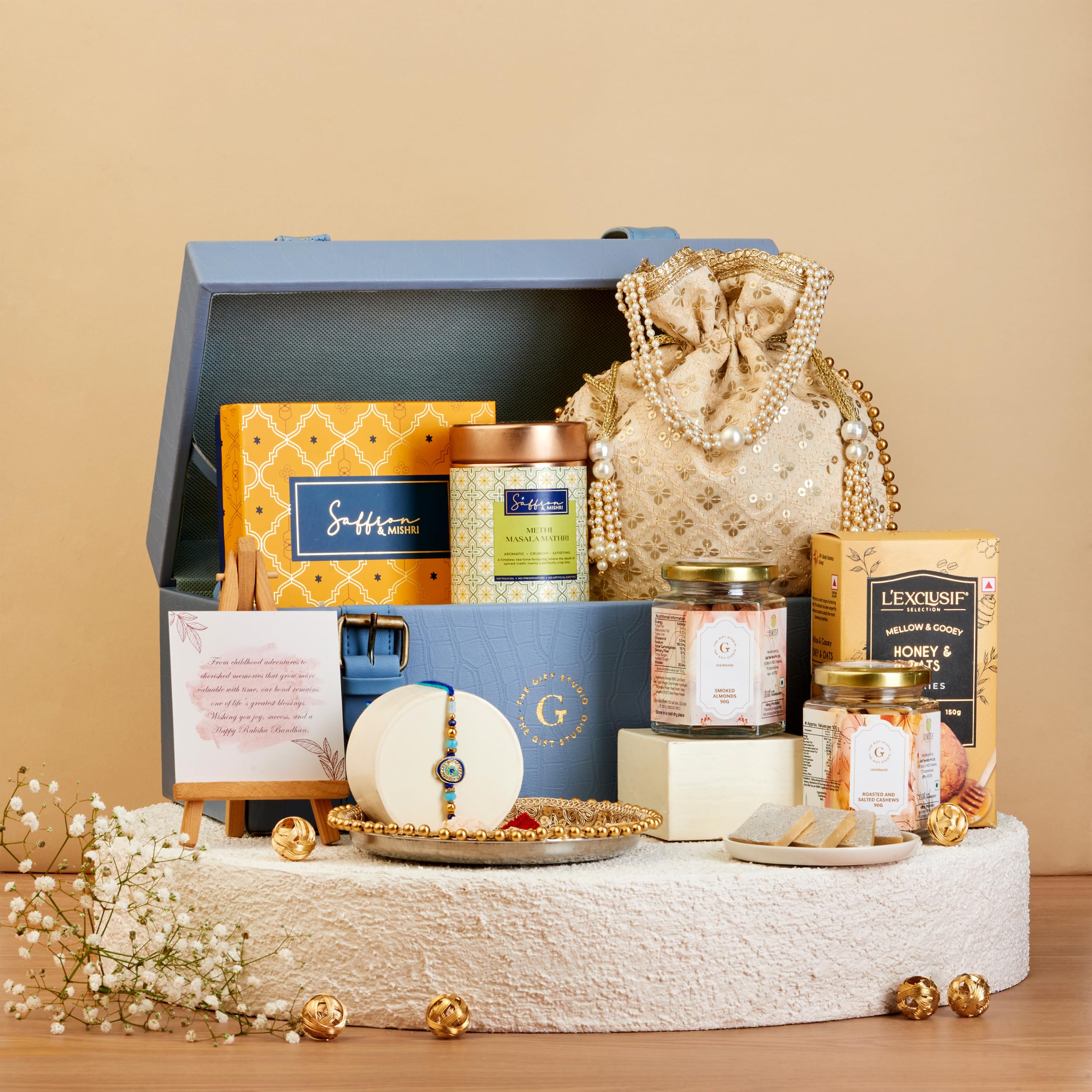 THE GIFT STUDIO.COM | Luxe Rakhi Treats Hamper for Brother | Evil Eye Stone Rakhi, Kaju Katli, Dry Fruits & Premium Gift Briefcase | Raksha Bandhan Gift-image-11