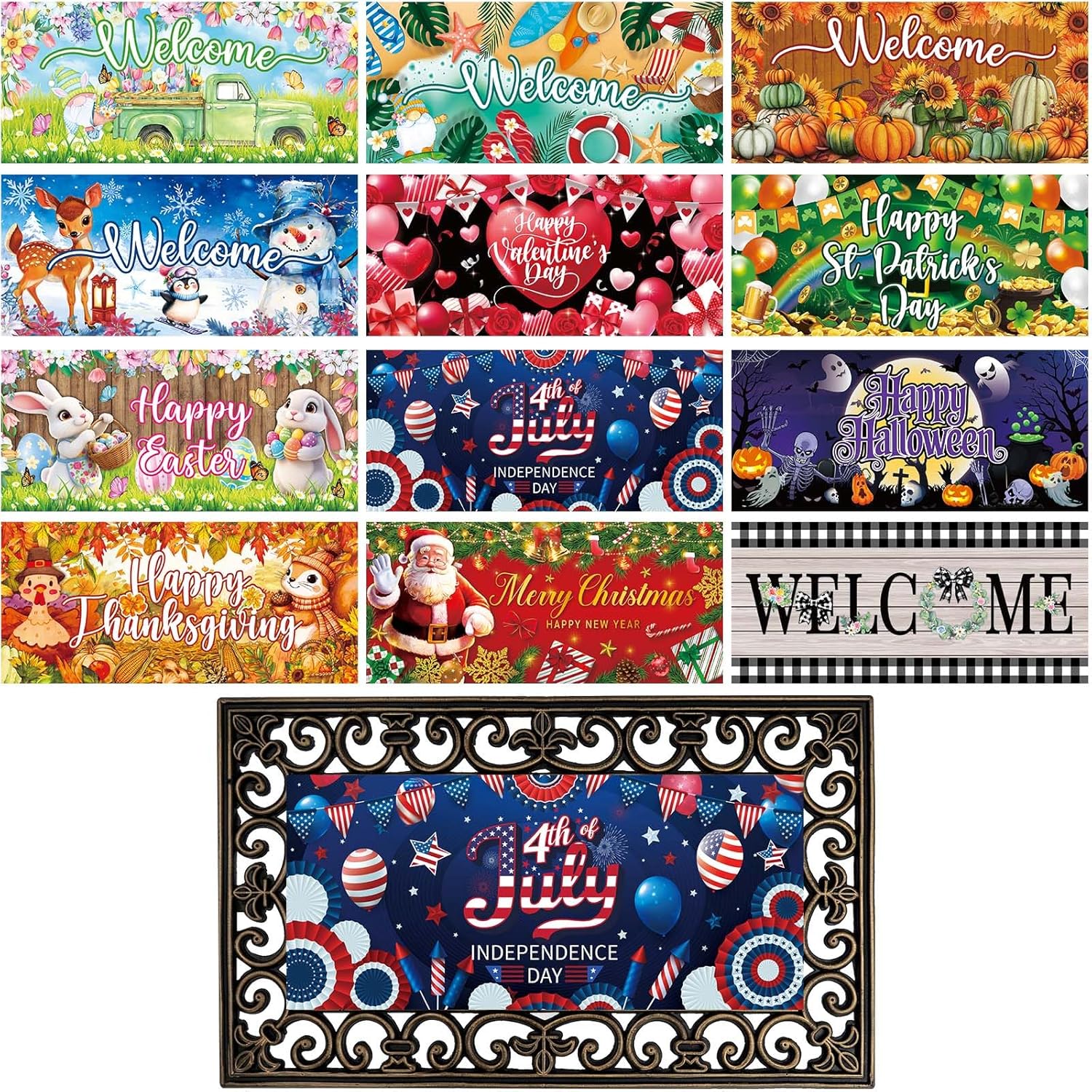 12Pcs Doormat Inserts Seasonal Entrance Doormats Interchangeable Welcome Doormats Welcome Mat Outdoor for Fall Christmas Front Door Outdoor Indoor 22in x 10in All Season and Holiday Vivid