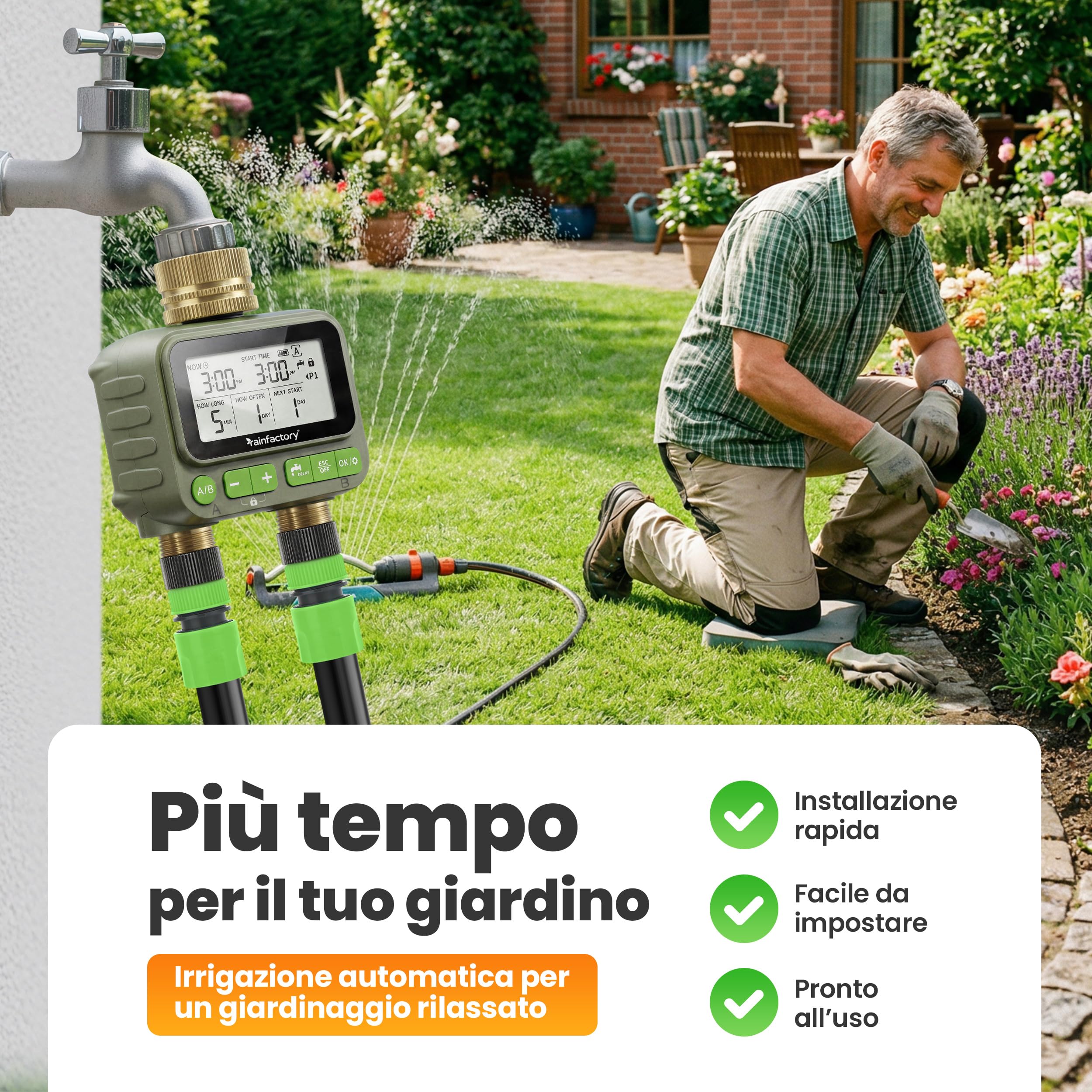 rainfactory - timer irrigazione 2 vie, centralina irrigazione a batteria IP65 con display LCD, 4 programmi, manuale, delay pioggia, raccordo ¾" per giardino, balcone, vasi, goccia a goccia domestico!
