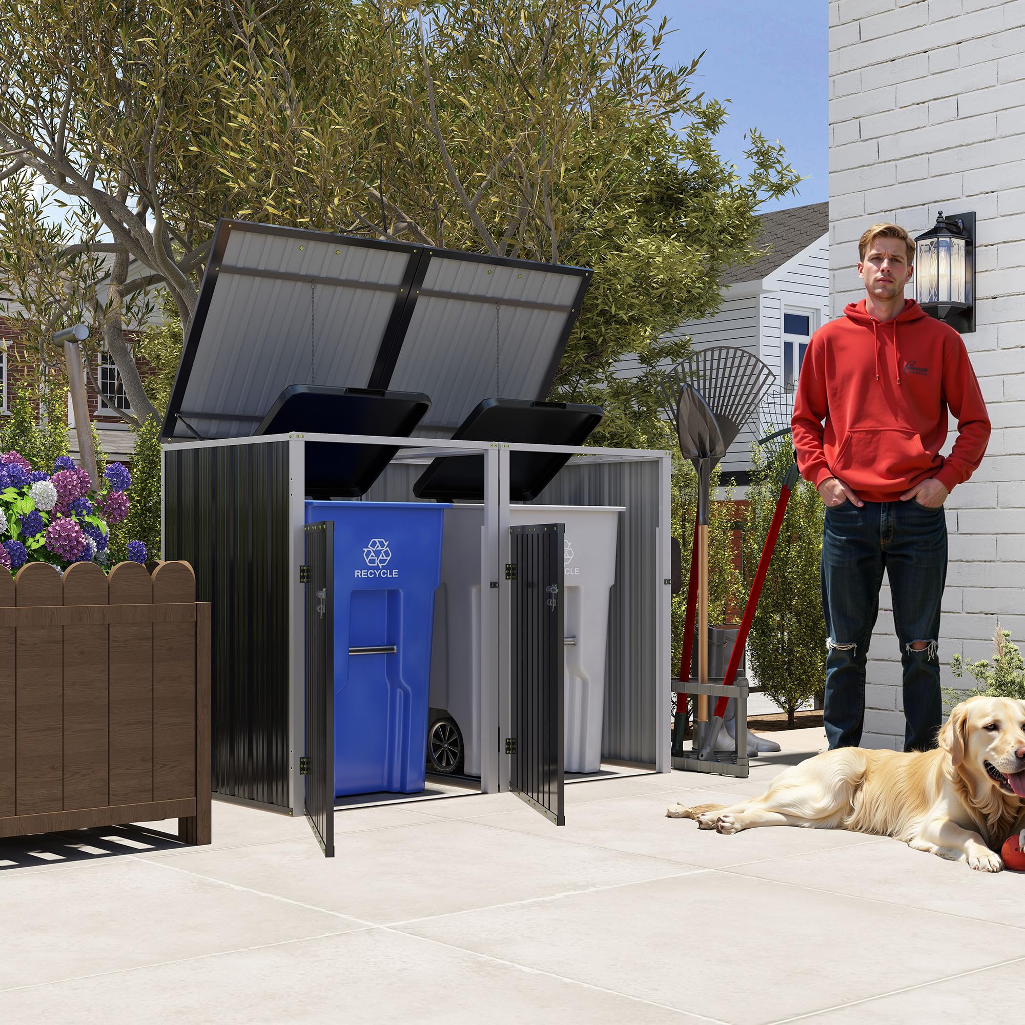 KEIKI 54 Cu.Ft Outdoor Trash Can Storage Shed for 2 Bins, Galvanized Metal Garbage Bin Enclosure with Hydraulic Lid &amp; Dual Chain Design, Weather-Resistant, Dark Gray