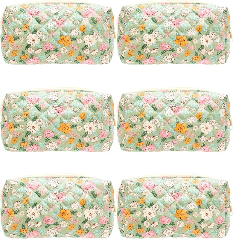 Necessaire de maquiagem PAZIMIIK acolchoada com zíper, estampa floral verde, Pacote com 6