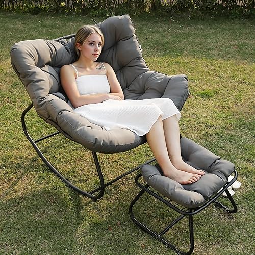 Wisteria Lane Mecedora de patio con otomana, silla mecedora de huevos para interiores y exteriores con cojines, silla Papasan de metal de gran