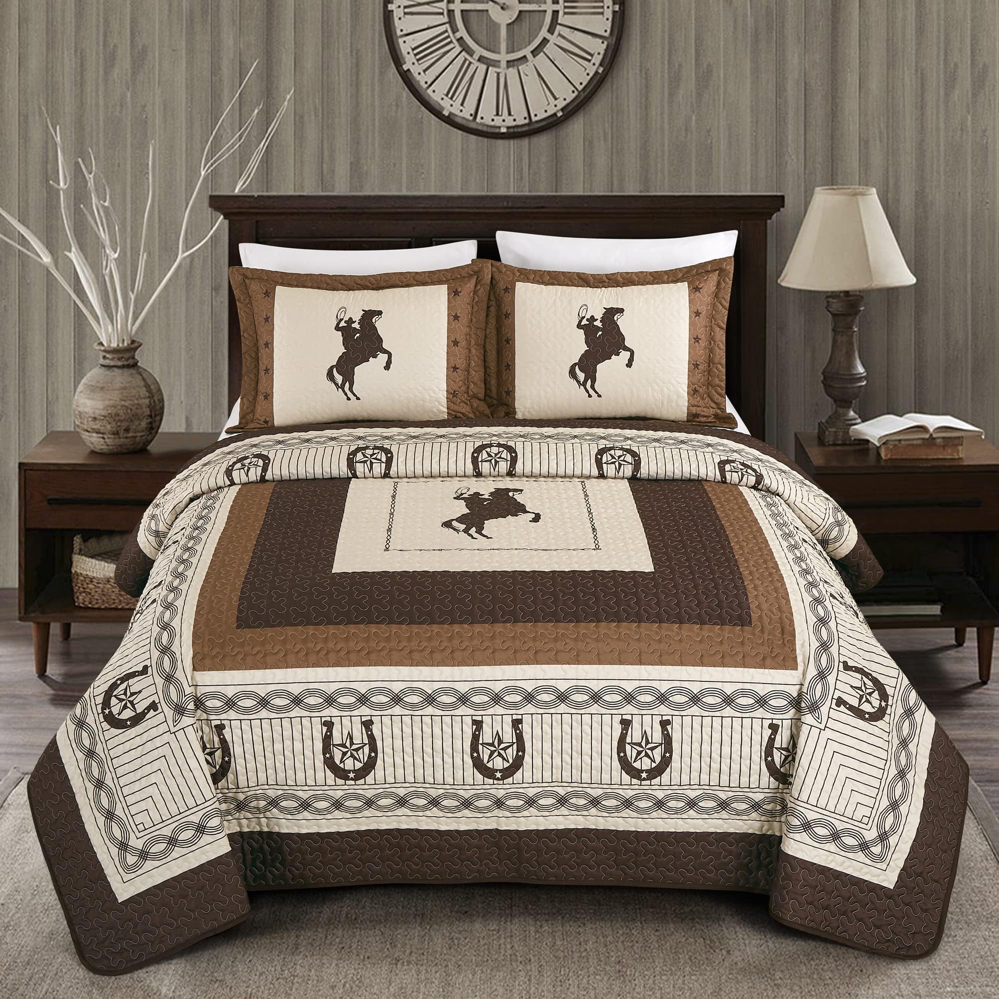 Western Collection New 5 Pieces Western Stars and Horses Cowboy Luxury Home Quilt