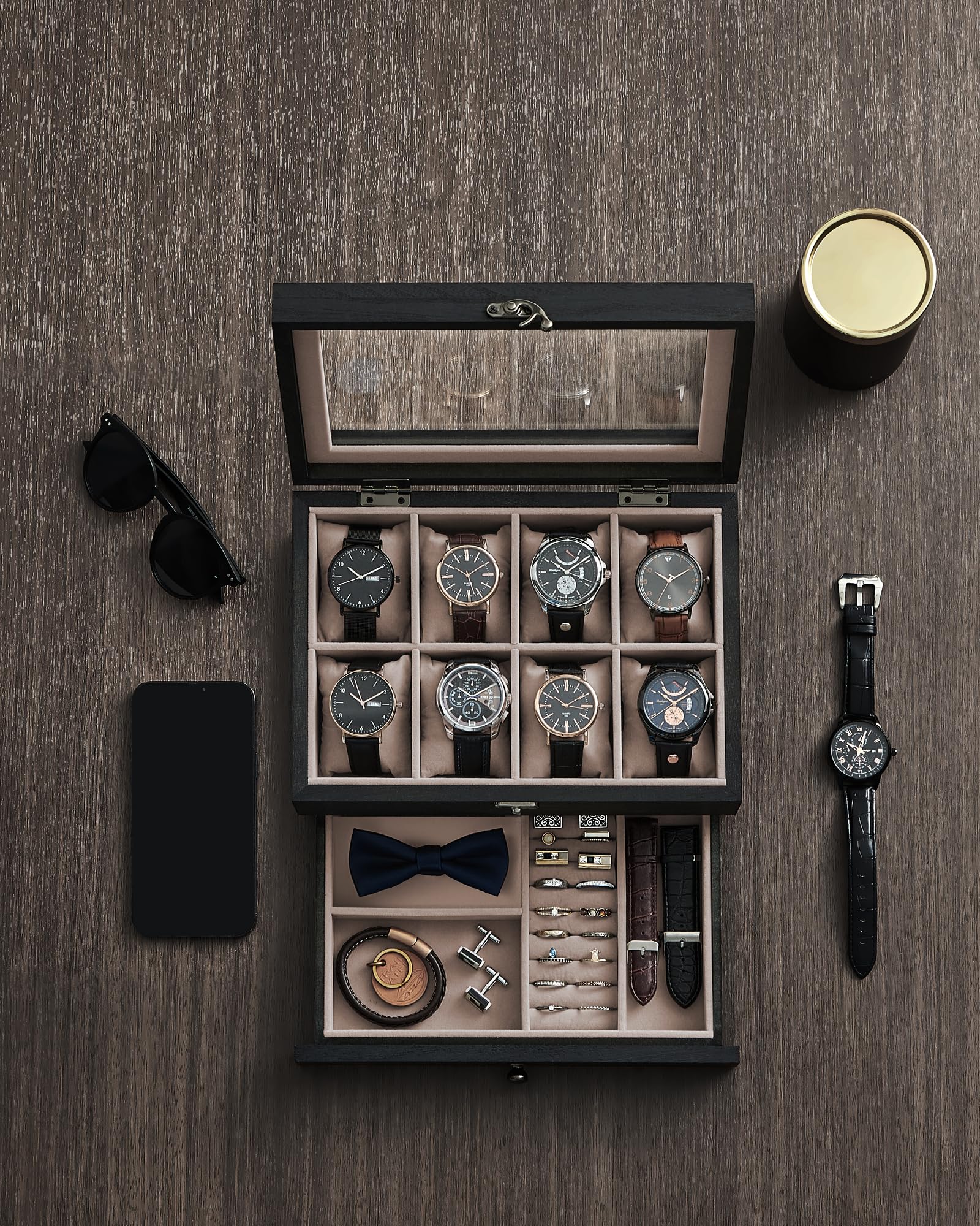 SONGMICS Porta Orologi a 8 Scomparti, Scatola Portaorologi a 2 Livelli, Coperchio in Vetro, con Cuscinetti, Fodera in Velluto, Idea Regalo, Nero Ebano JOW008B01