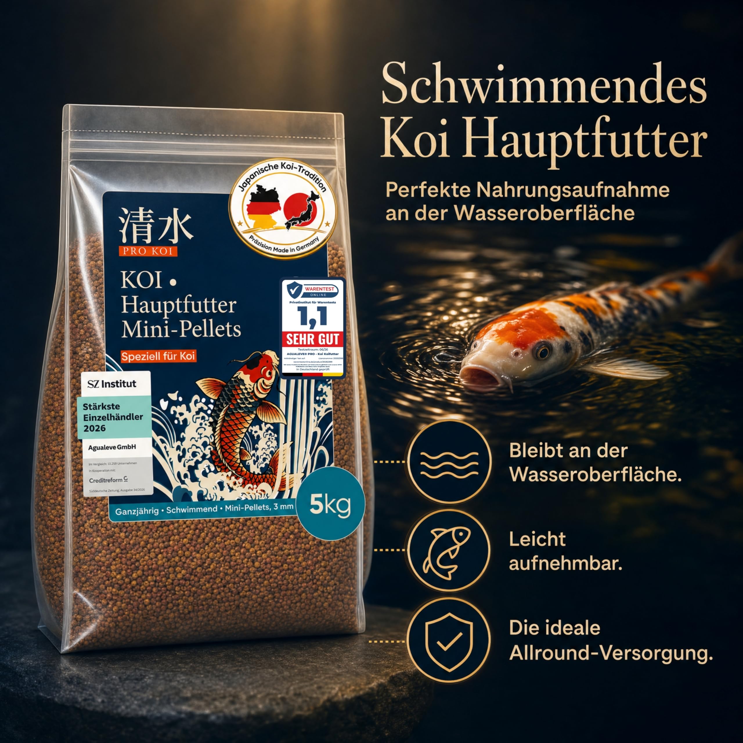 PRO KOI Hauptfutter Mini-Pellets 15 L (ca. 5 kg) – täglich | schwimmende Pellets 3 mm | für Koi | Basis & Farbe | Weizenkeim, Spirulina, Astaxanthin | Made in Germany