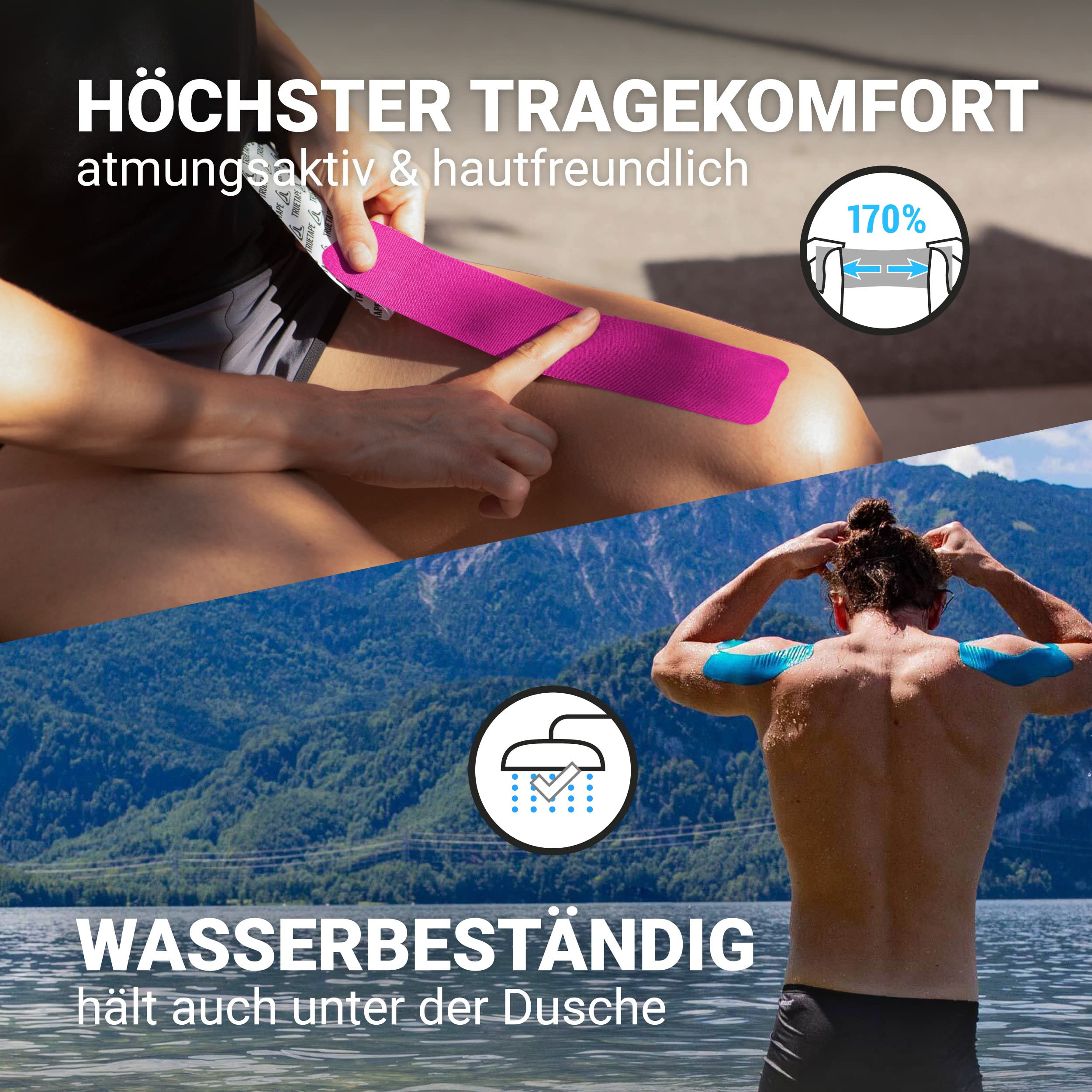 TRUETAPE® - Bandes de Kinésiologie en diverses coleurs | Rouleau de 5m x 5cm | Kinesio Tape imperméable et élastique pour le sport | Kinesiology Tape | Bleu & Rosa (Lot de 2)