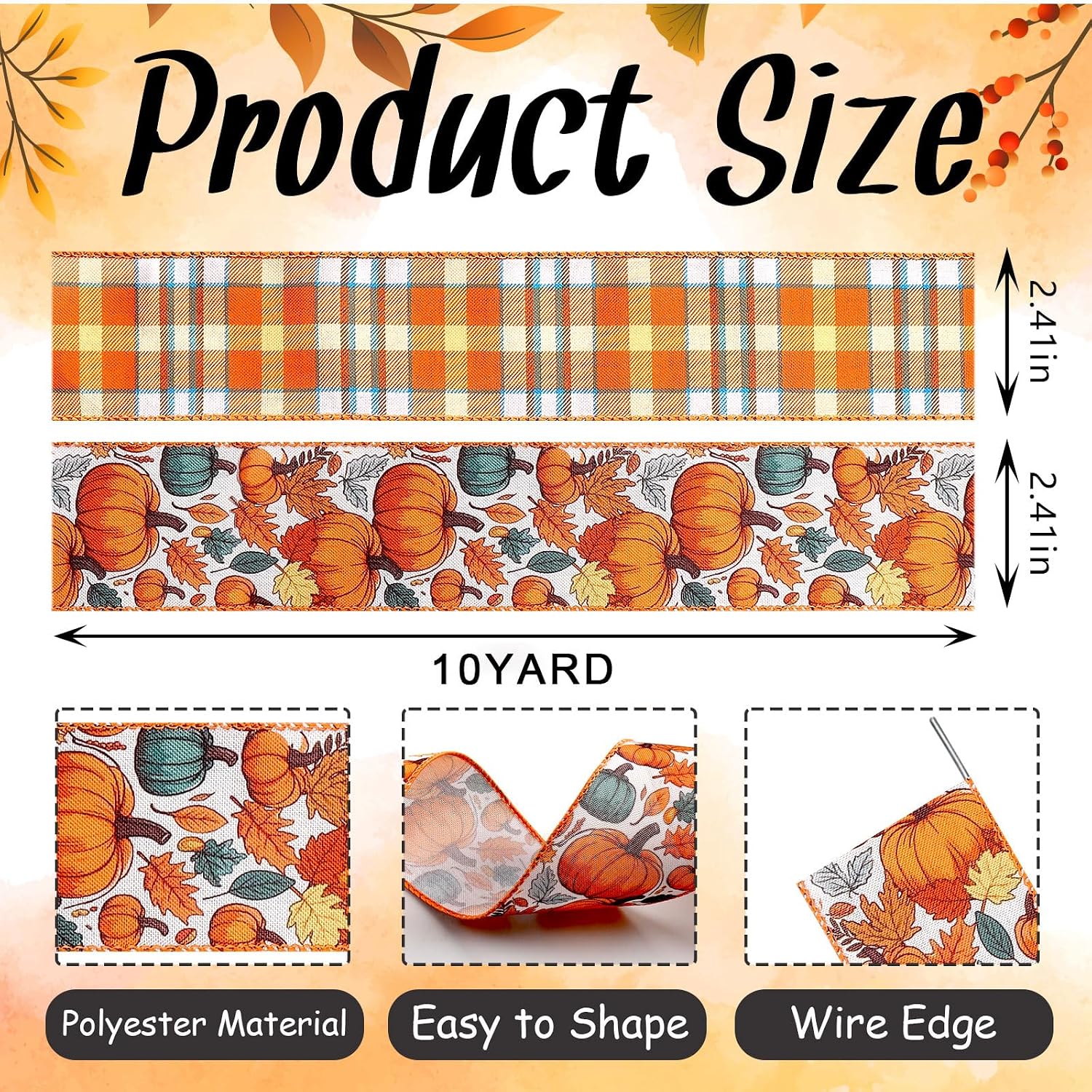 2 Rolls 2.5 Inch x 20 Yards Thanksgiving Fall Wired Ribbon for Crafts Wreath Bows Pumpkin Autumn Leaves Ribbons Orange Plaid Ribbon for Gift Wrapping Thanksgiving Party Home Decoration image 2