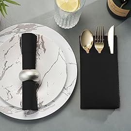 Disposable Linen-Feel Dinner Napkins with Built-in Flatware Pocket, 500-Pack BLACK Prefolded Cloth Like Paper Napkins For Dinner, Wedding Or Party [Silverware NOT Included]