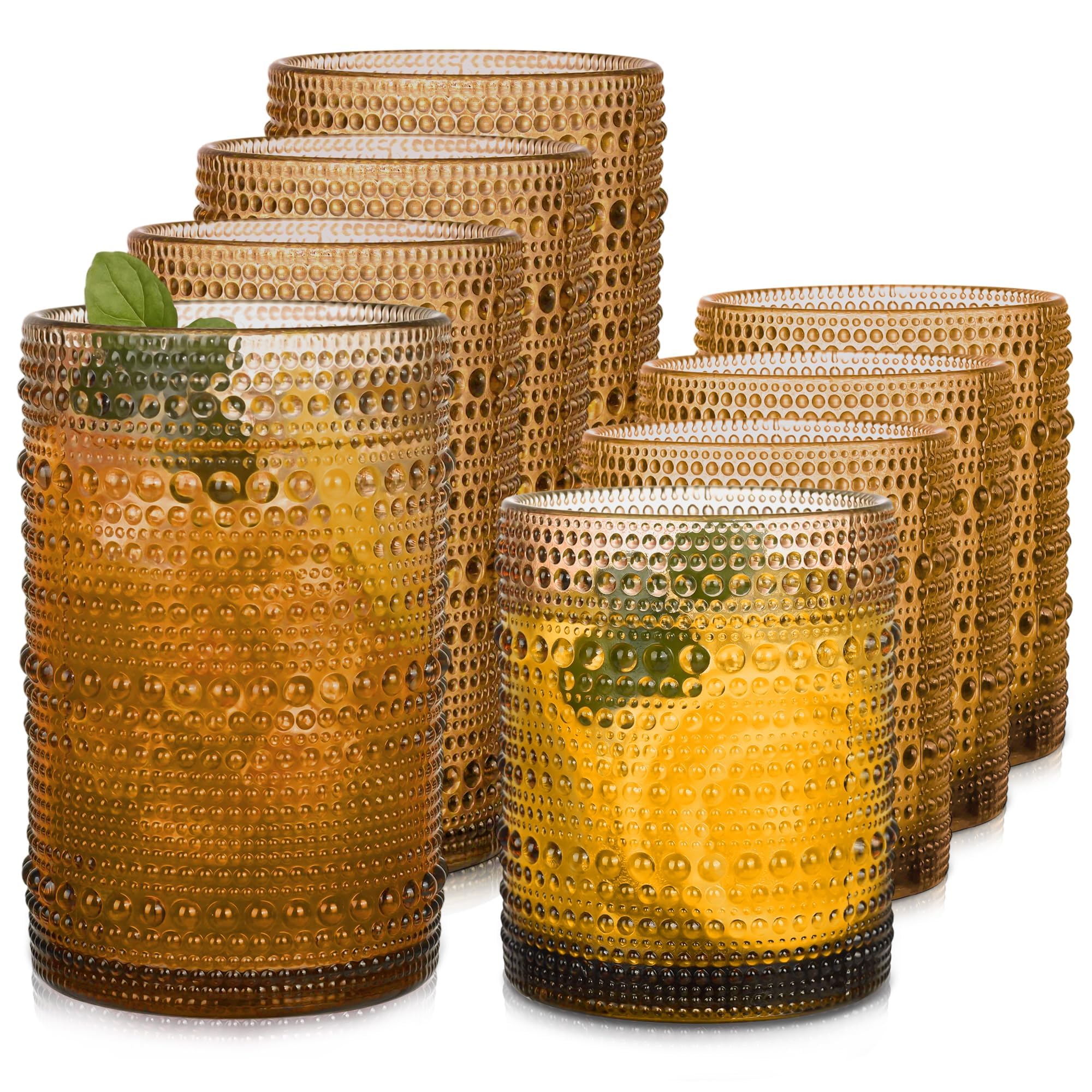 Gray Hobnail Drinking Glasses Set of 8，15 oz Vintage Highball Glassess &amp; 12 oz Cocktail Glasses，Drinkware Kitchen Glasses for Cocktail, Iced Coffee, Beer, Ice Tea, Wine, Whiskey, Water