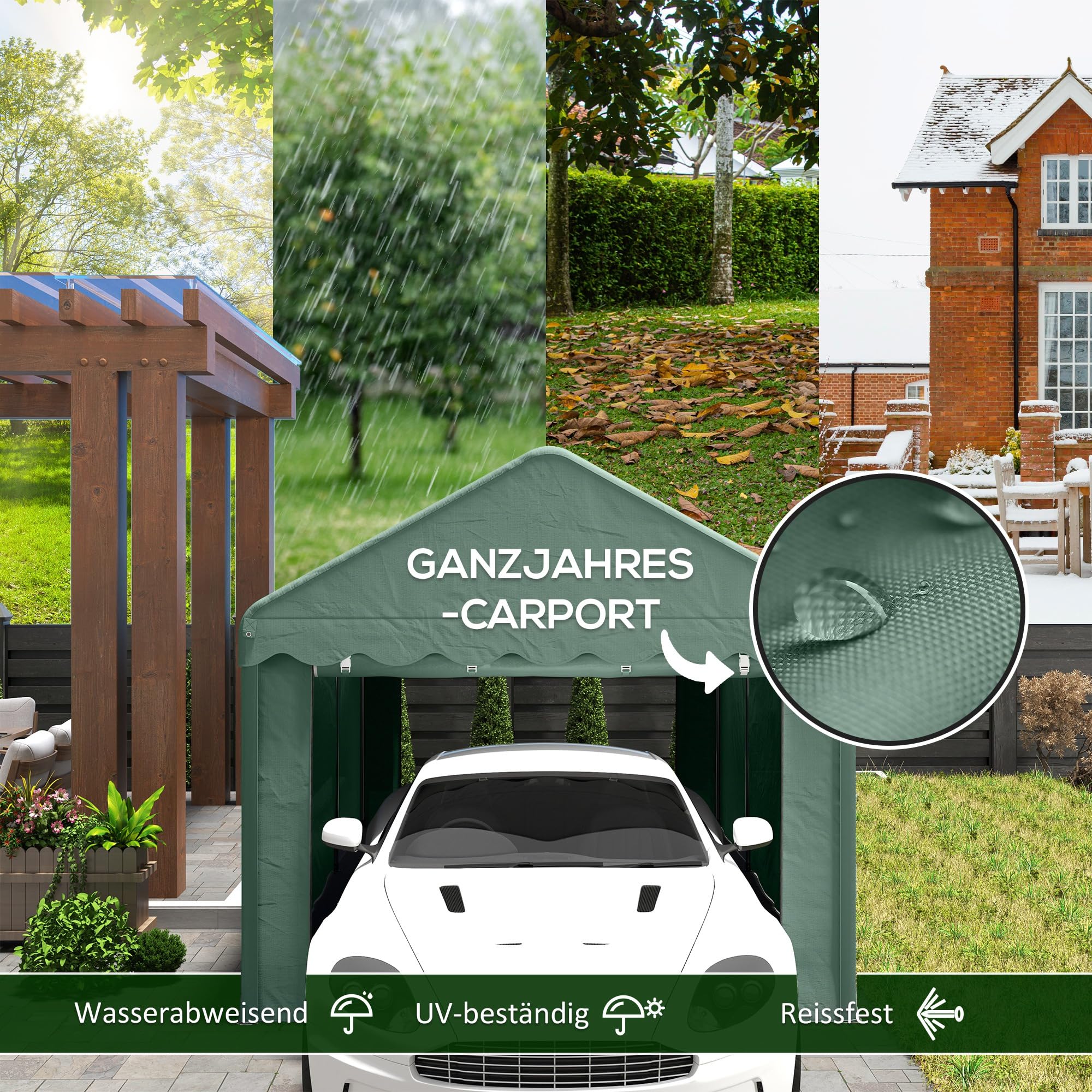 Outsunny Carport 3x6 m wasserdicht Garagenzelt mit Rolltüren, abnehmbaren Seitenwänden, UV-beständig Lagerzelt mit Dach, Zeltgarage Garagenüberdachung Unterstand Weidezelt für Auto, LKW, SUV, Grün