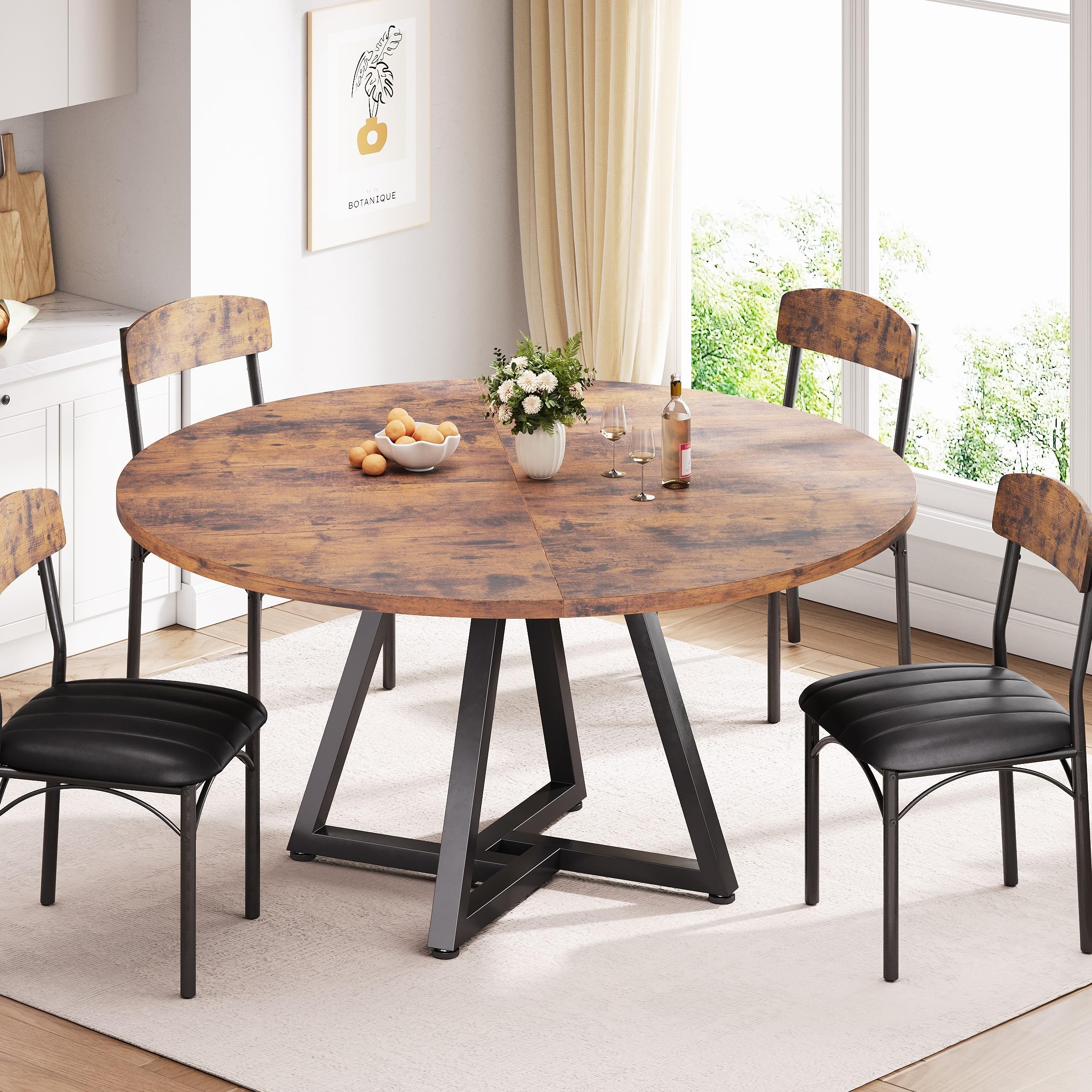 Jocoevol Table à Manger Ronde pour 4 à 6 Personnes, Table de Cuisine avec Piètement Métallique Stable, Table de Salle à Manger Gain de Place Style Industriel (Vintage Marron, 120x120x76cm)