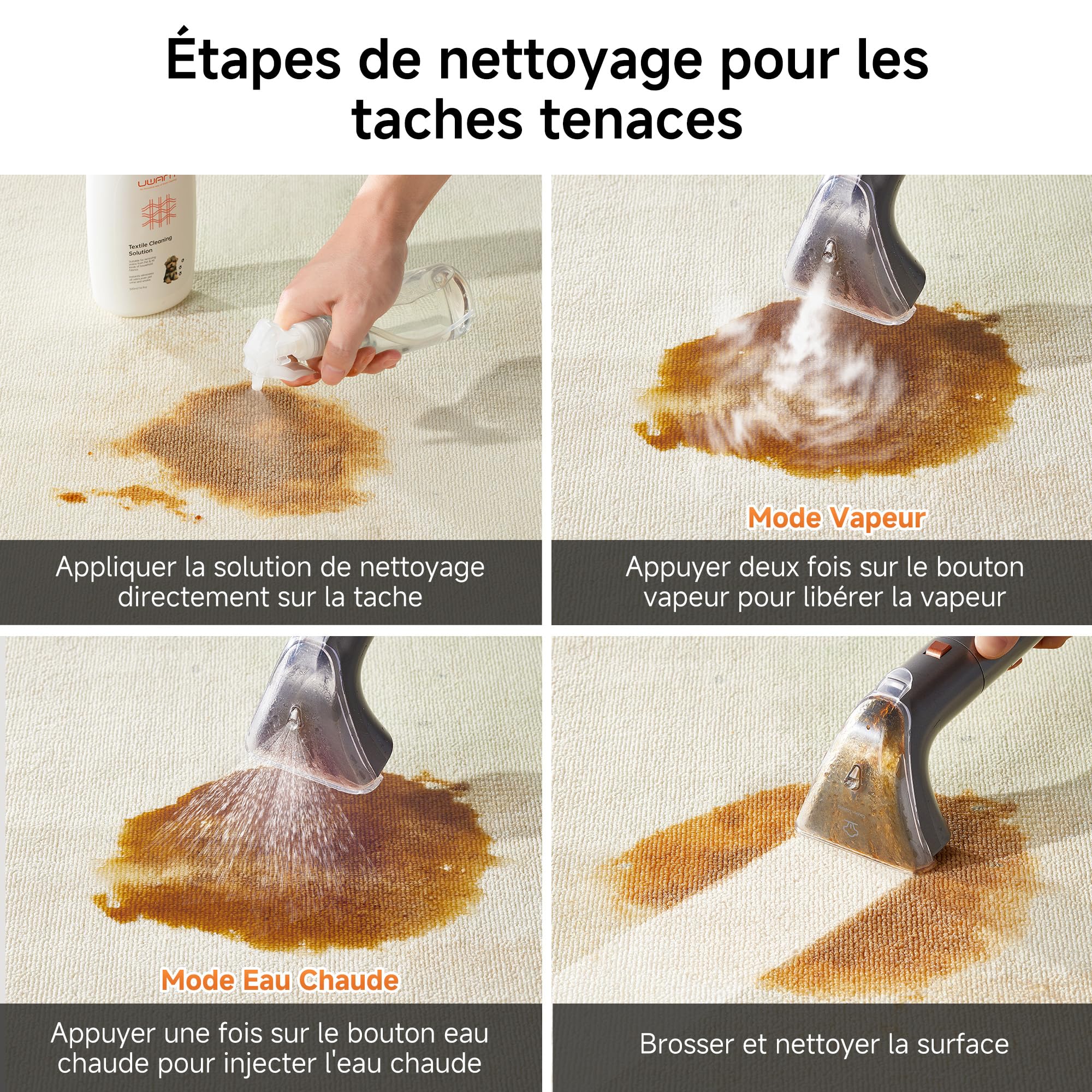 Uwant B400 Vapeur et Chauffage Shampouineuse Canapé Professionnel ，Aspiration Puissante 18Kpa，Portable avec 4 Accessoires,Nettoyeur Canapé Tissus 2-en-1 pour Tapis Set of 1,Meubles, Tissus, Voiture